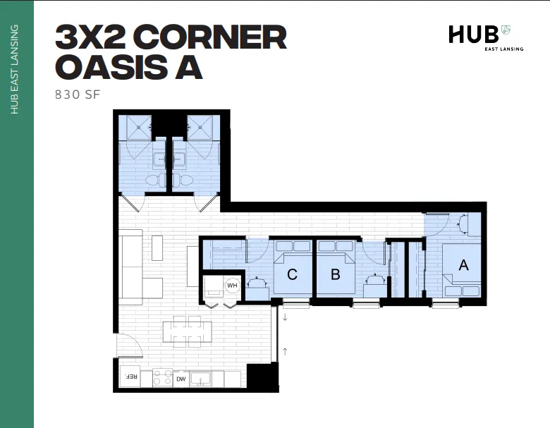 Chic floor plan of Oasis A showcasing 3 bedrooms, a modern living area, and an efficient kitchen layout, 830 sq ft.