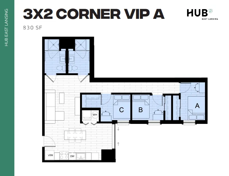 Modern 3x2 VIP corner apartment floor plan with 830 sq ft. Features three bedrooms labeled A, B, and C, an open living area, and a stylish kitchen layout at HUB East Lansing.