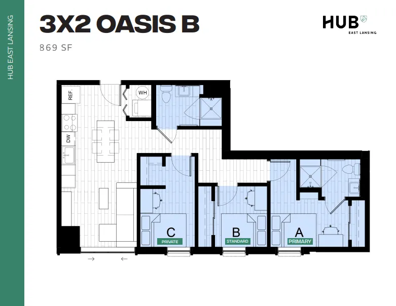 Modern 3-bedroom Oasis B floor plan at Hub East Lansing, featuring a spacious kitchen, open living area, and two bathrooms within 869 sq ft.