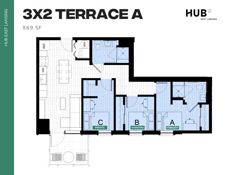 Modern 3-bedroom apartment floor plan titled '3X2 TERRACE A' with spacious living area, efficient kitchen, and two bathrooms, covering 869 sq ft at HUB East Lansing.