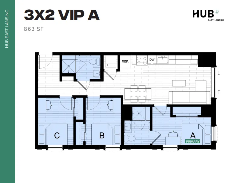 Modern 3x2 VIP A floor plan at Hub East Lansing, featuring three bedrooms, two bathrooms, and an open-concept living area with kitchen, totaling 863 square feet.