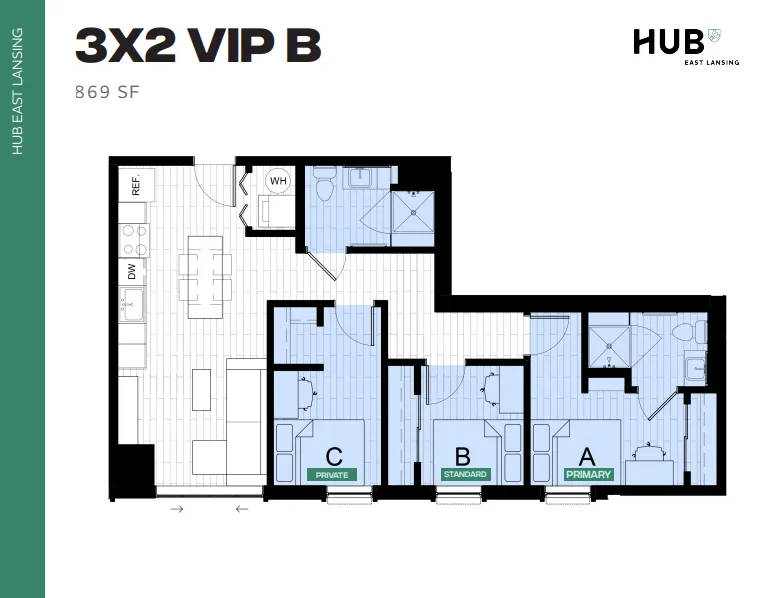 Convenient 3-bedroom floor plan at HUB East Lansing, featuring a modern kitchen, living area, and two bathrooms within 869 sq ft.