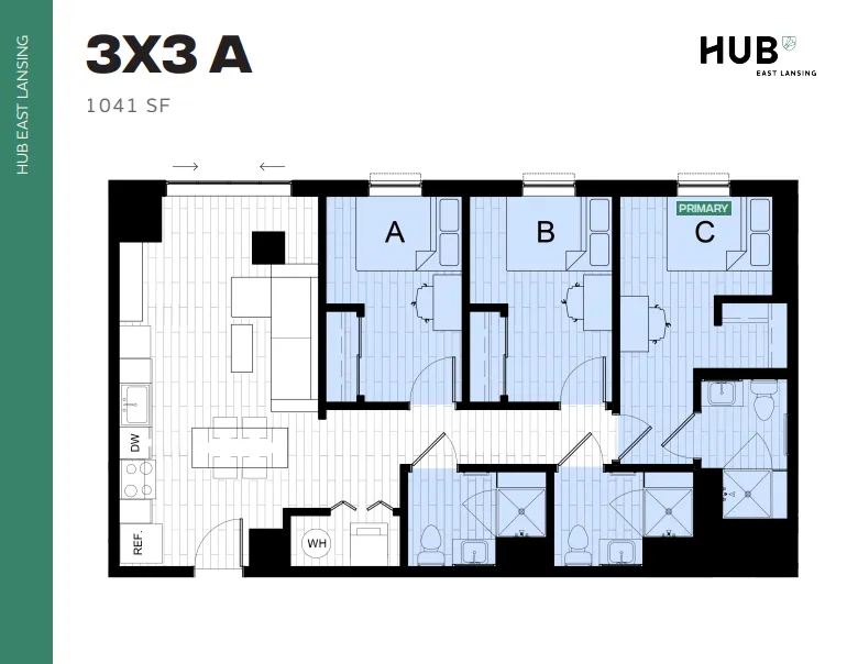 Modern 3-bedroom, 3-bathroom floor plan in 1041 sq ft layout at HUB East Lansing, featuring a spacious open-concept living area and kitchen.