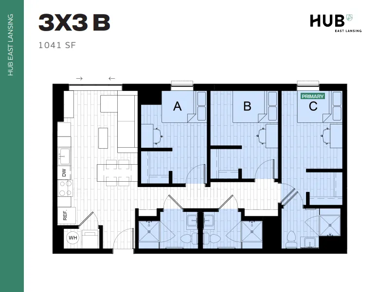 Modern 3-bedroom, 3-bath apartment floor plan at HUB East Lansing, featuring an open-concept kitchen and living area, 1041 sq ft.