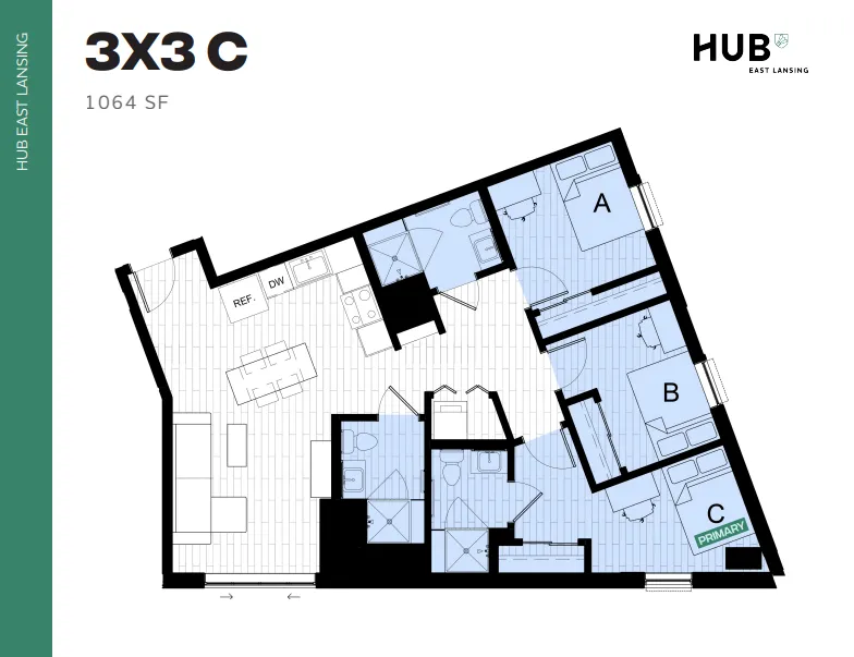 Stylish 3x3 C floor plan at HUB East Lansing featuring three bedrooms, each with a private bathroom, an open-concept kitchen with dining area, and a spacious living room, spanning 1064 square feet.