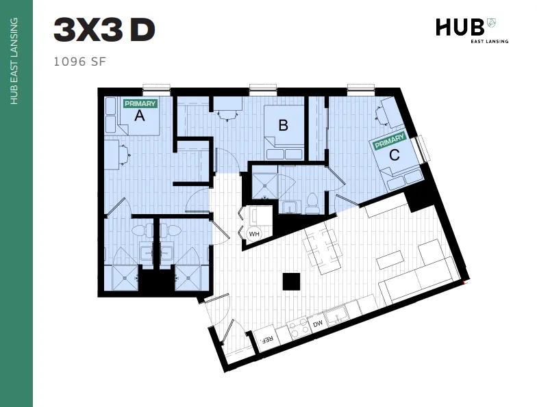 Modern 3X3D floor plan at Hub East Lansing, featuring three primary bedrooms, open kitchen, and spacious living area in 1096 sq ft.