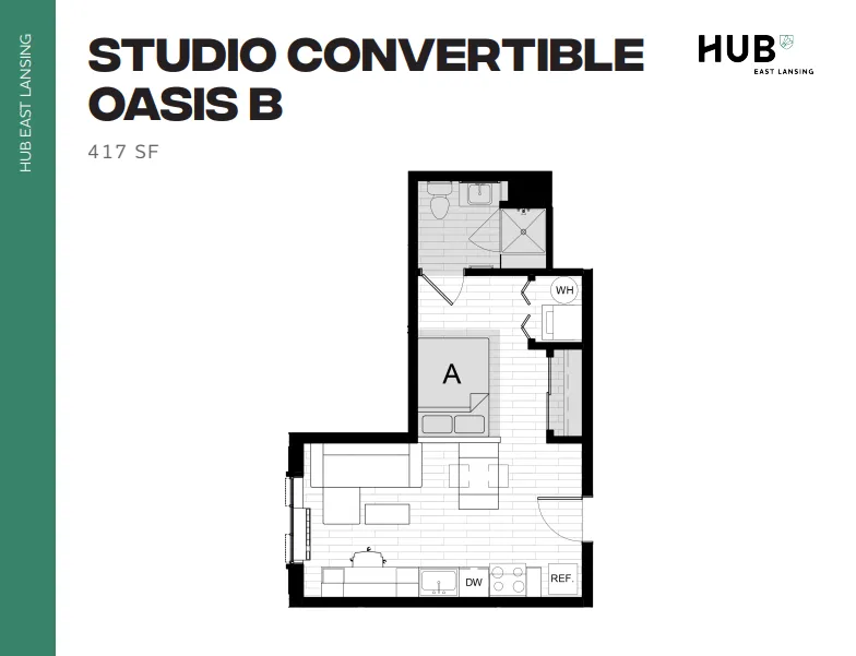 Modern studio convertible floor plan, Oasis B, featuring an efficient layout with open living area, kitchenette, and compact bath; 417 sq ft, optimized for comfort in Hub East Lansing.