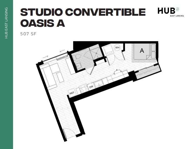 Efficient studio floor plan at Hub East Lansing, Oasis A offering 507 sq ft with open living area, modern kitchen, and cozy sleeping space.