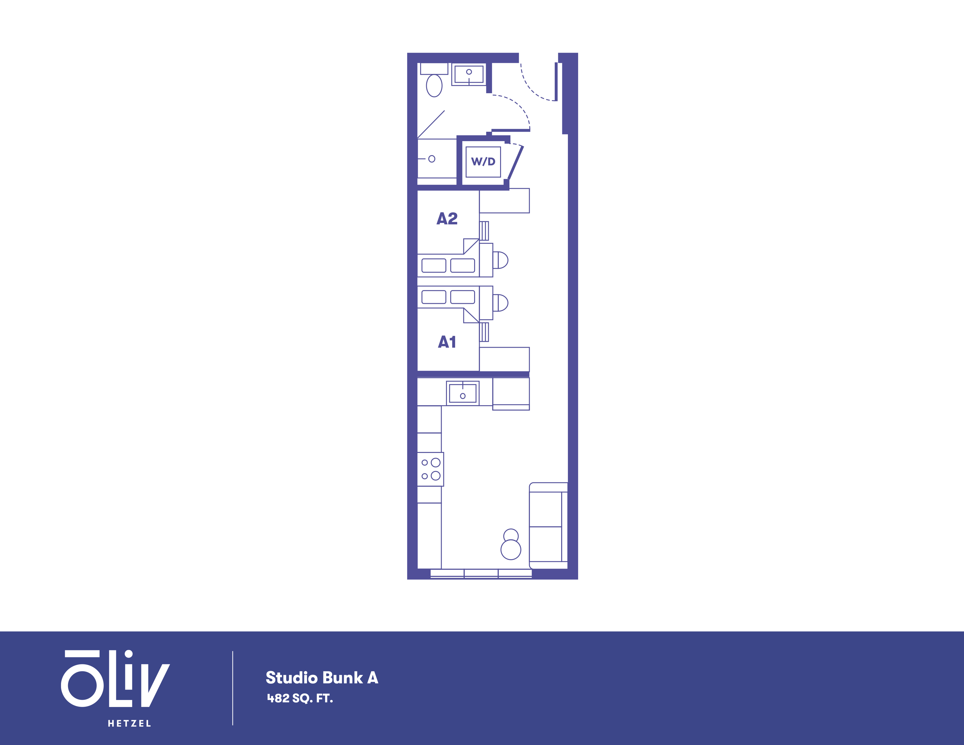 Modern Studio Bunk A floor plan with efficient use of 482 sq ft, featuring compact bedrooms, a functional kitchen, and cozy living space at Oliv Hetzel.