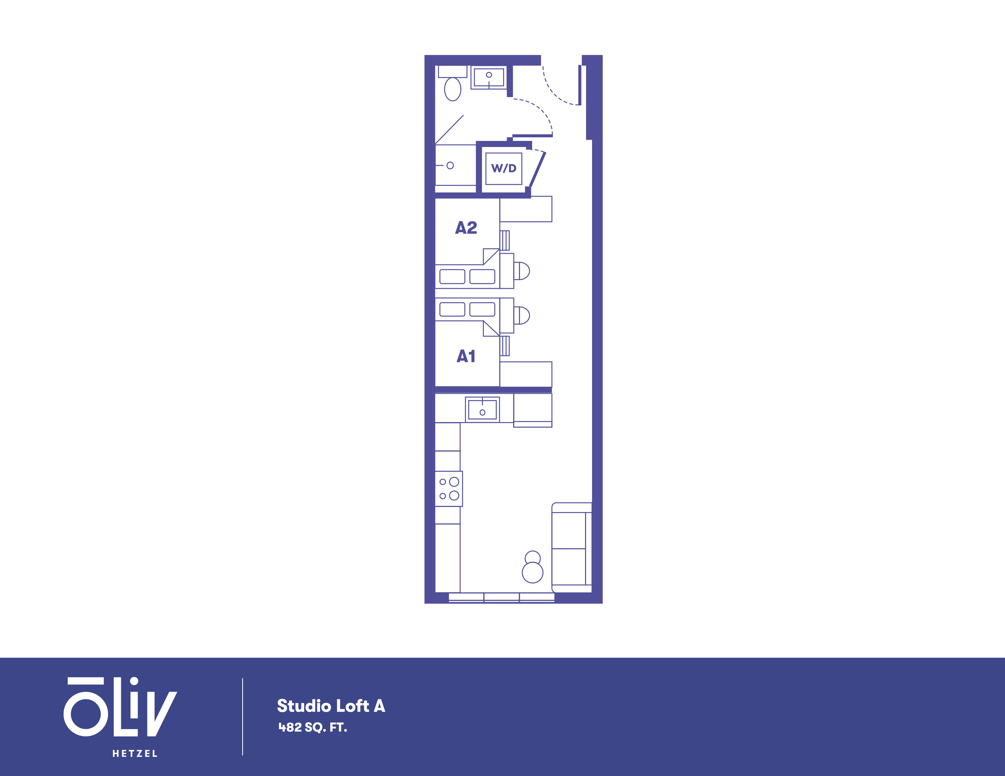 Modern studio loft floor plan featuring an open layout with a compact kitchen, cozy living area, and dual sleeping zones, 482 sq ft.