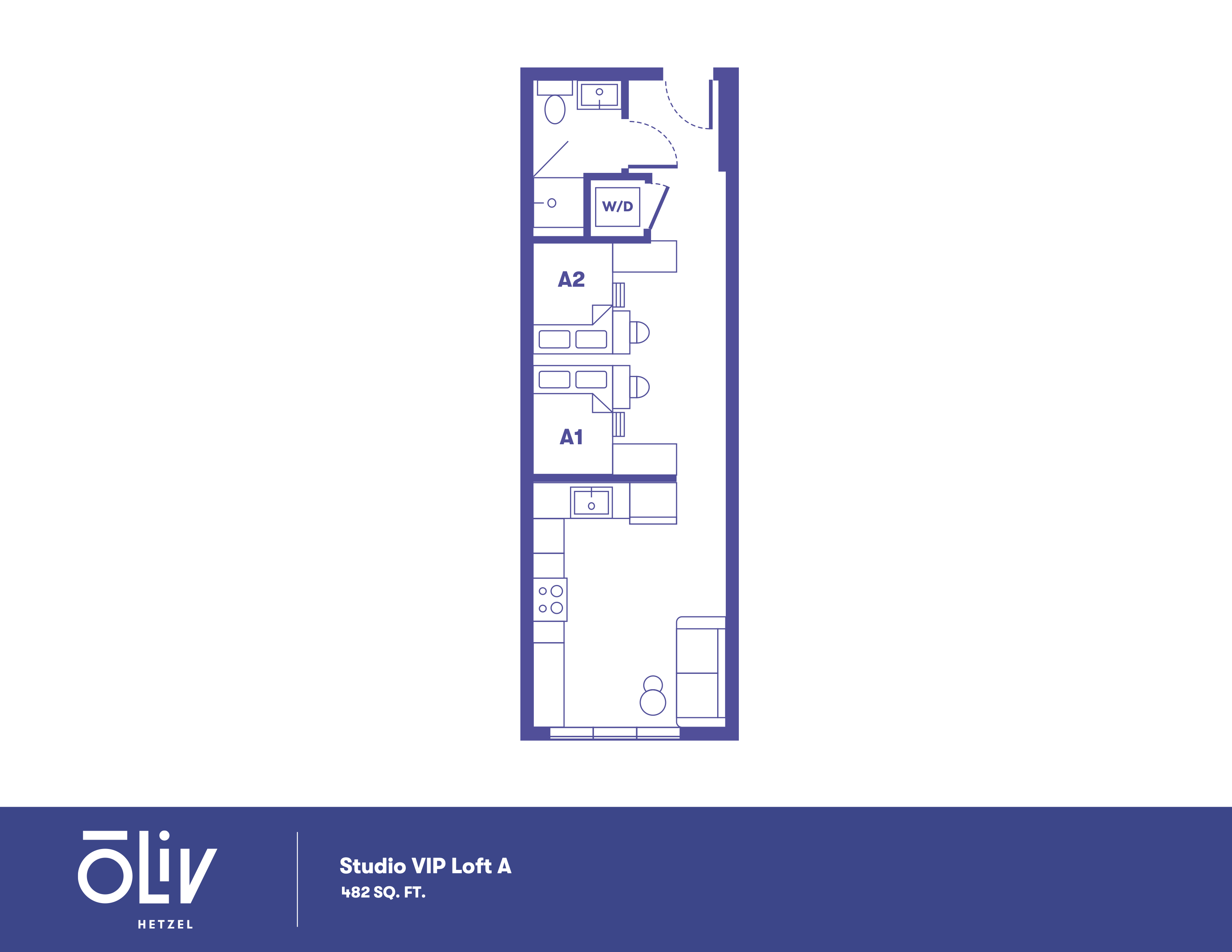 Modern studio floor plan featuring a stylish open-concept layout with two sleeping areas, efficient kitchen, and compact living space, across 482 sq. ft.