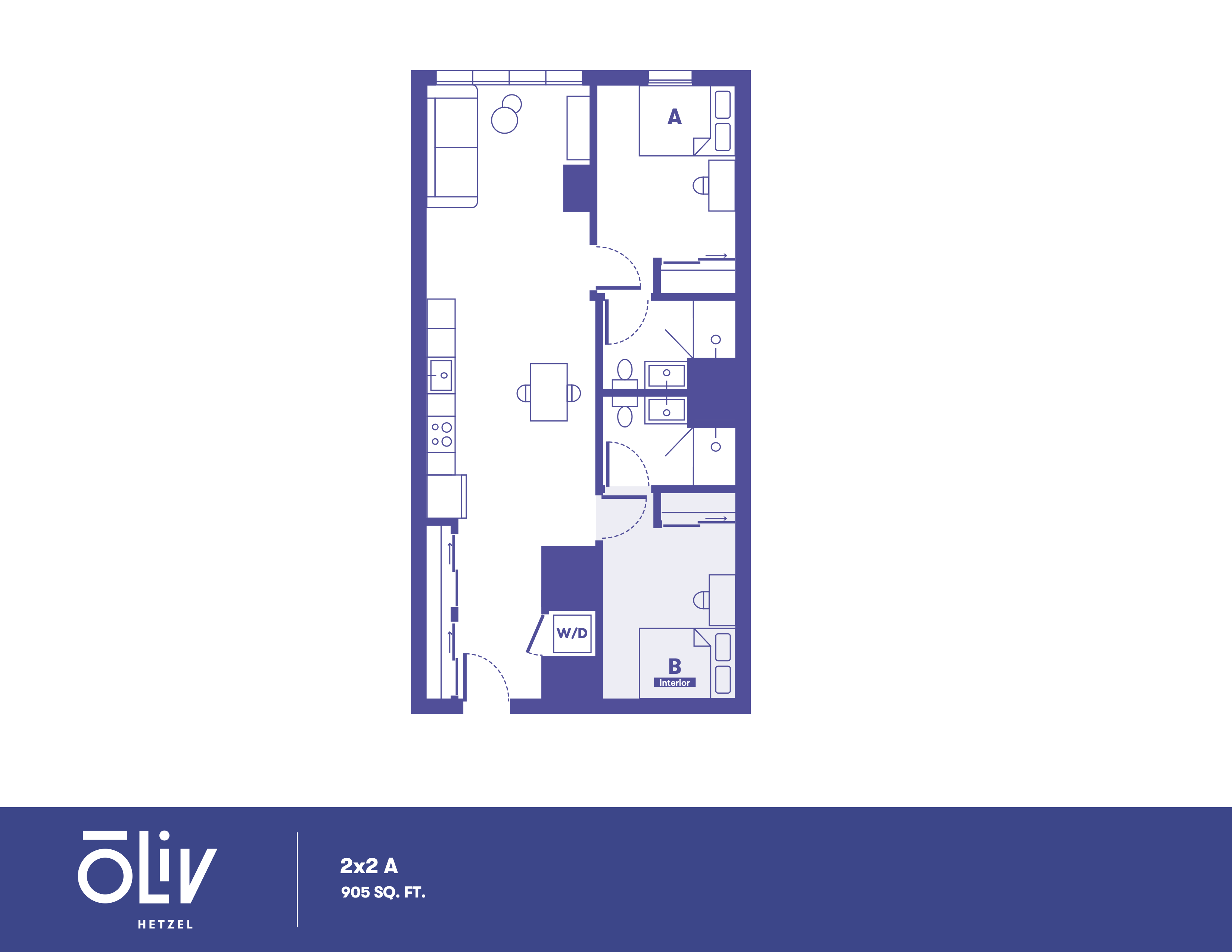 Modern 2-bedroom floor plan featuring open kitchen and living area in 905 sq. ft. layout, ideal for stylish living.