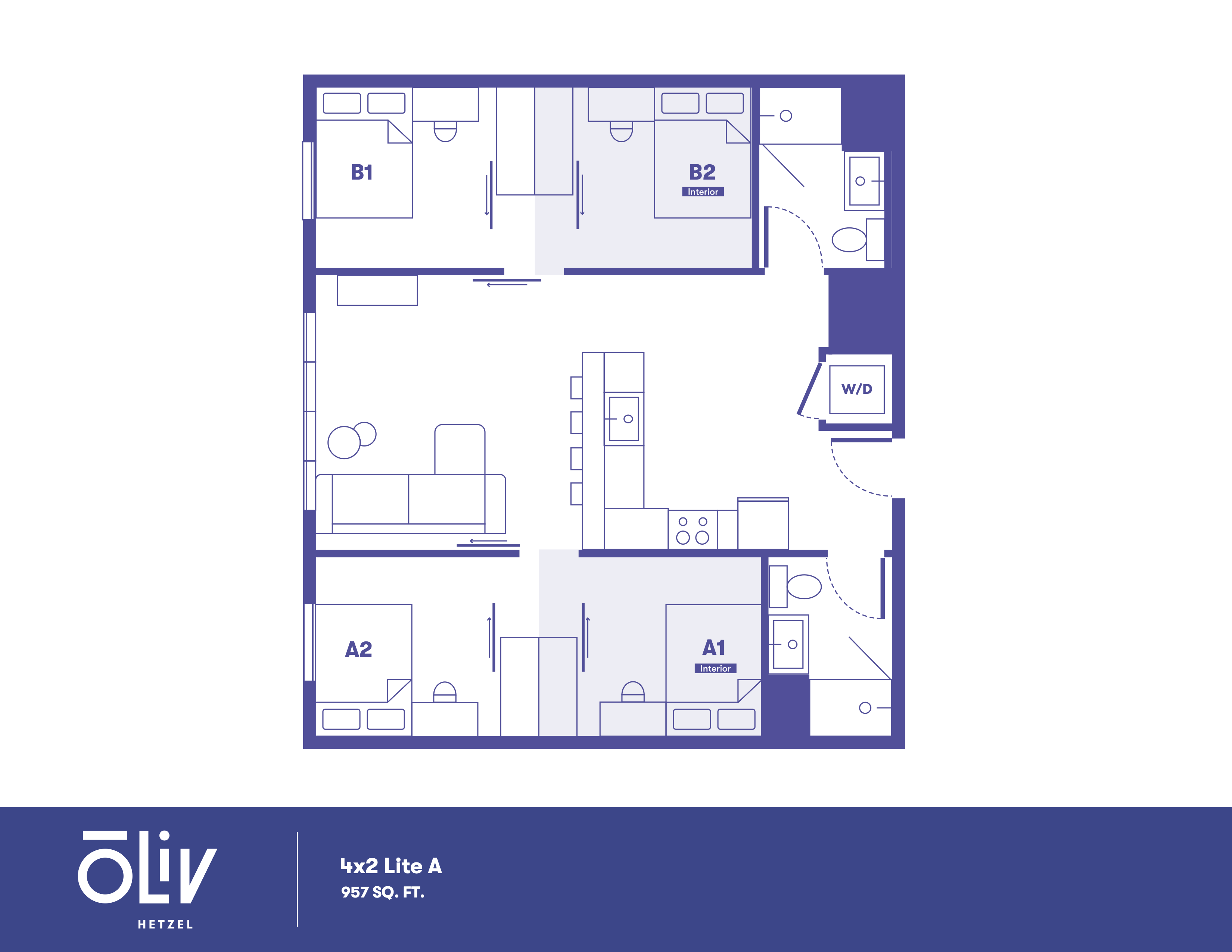 Modern floor plan of a 4x2 Lite A apartment, featuring two interior rooms, two bedrooms, an open living and dining area, and a functional kitchen within 957 sq. ft.