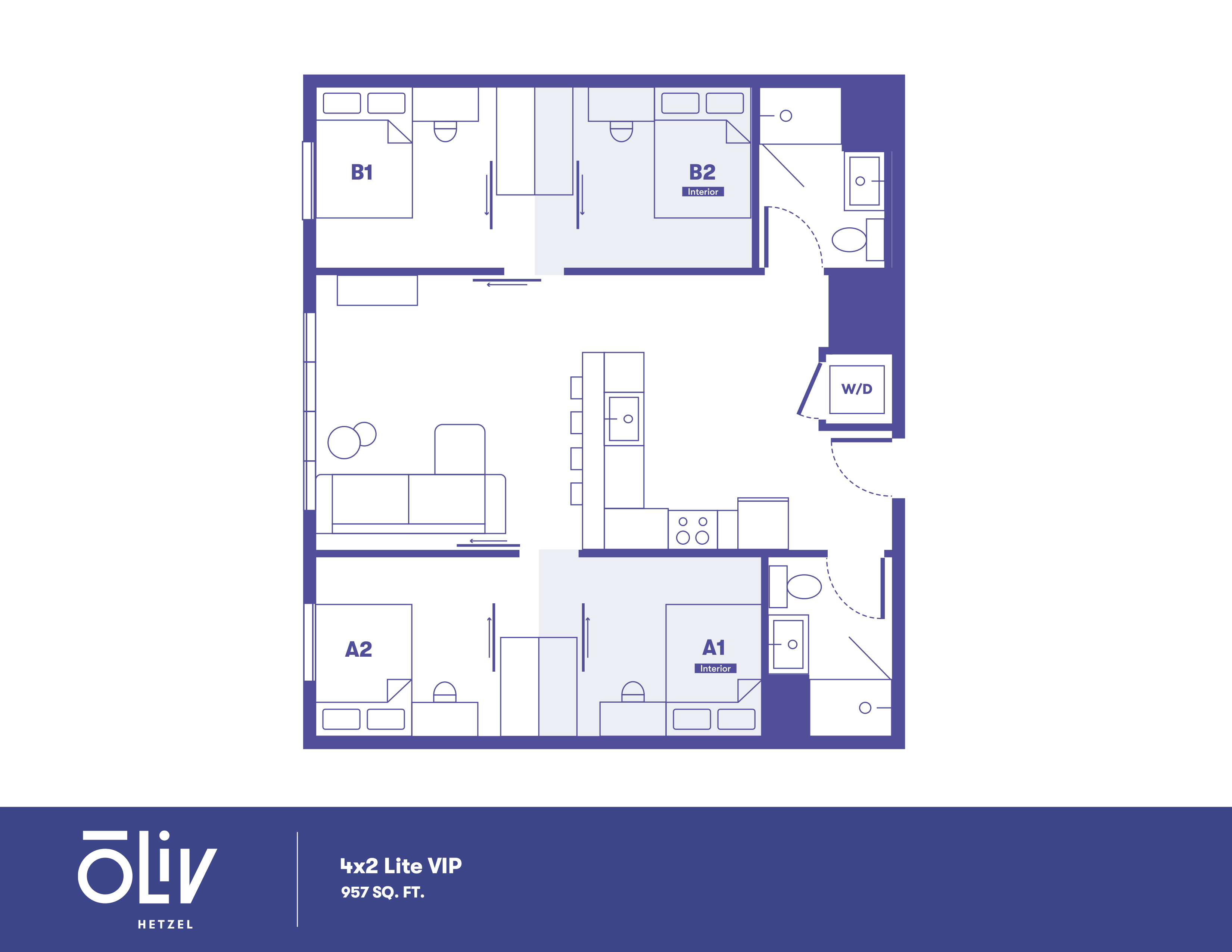 Modern 4x2 Lite VIP floor plan with three spacious bedrooms, stylish living area, and integrated kitchen, 957 sq. ft.