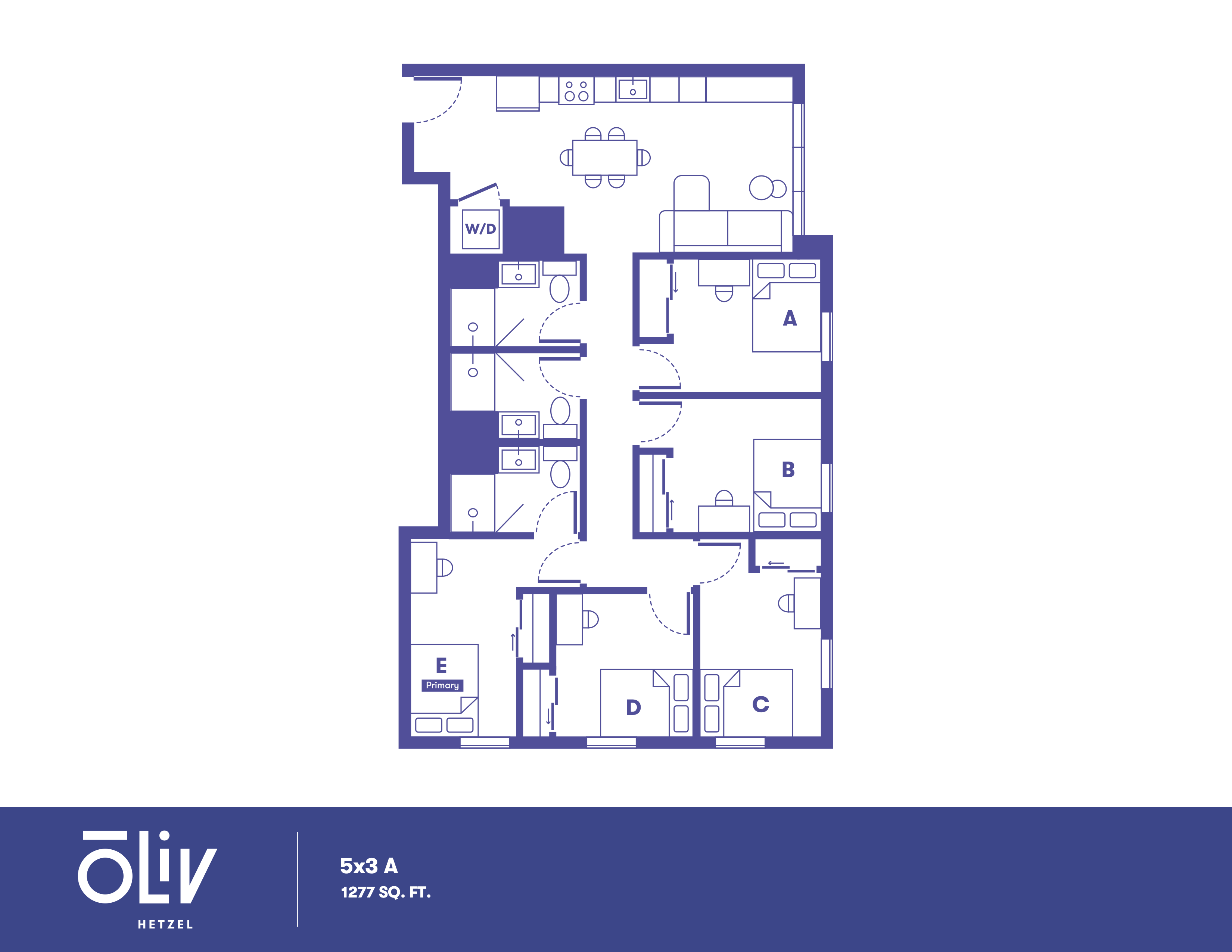 Modern 5-bedroom, 3-bathroom floor plan featuring an open-concept kitchen and living area, ideal for comfortable living, 1277 sq ft.