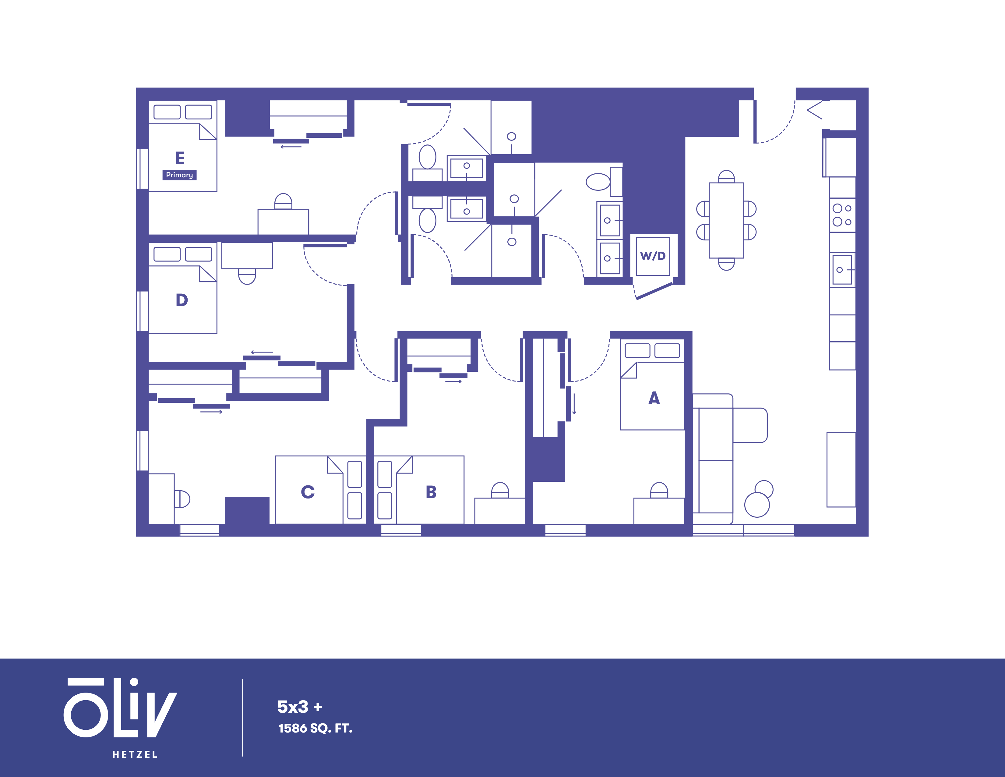 Modern 2D floor plan showcasing 5 bedrooms, 3 bathrooms, with a spacious open-concept living and dining area in a 1586 sq. ft. layout.
