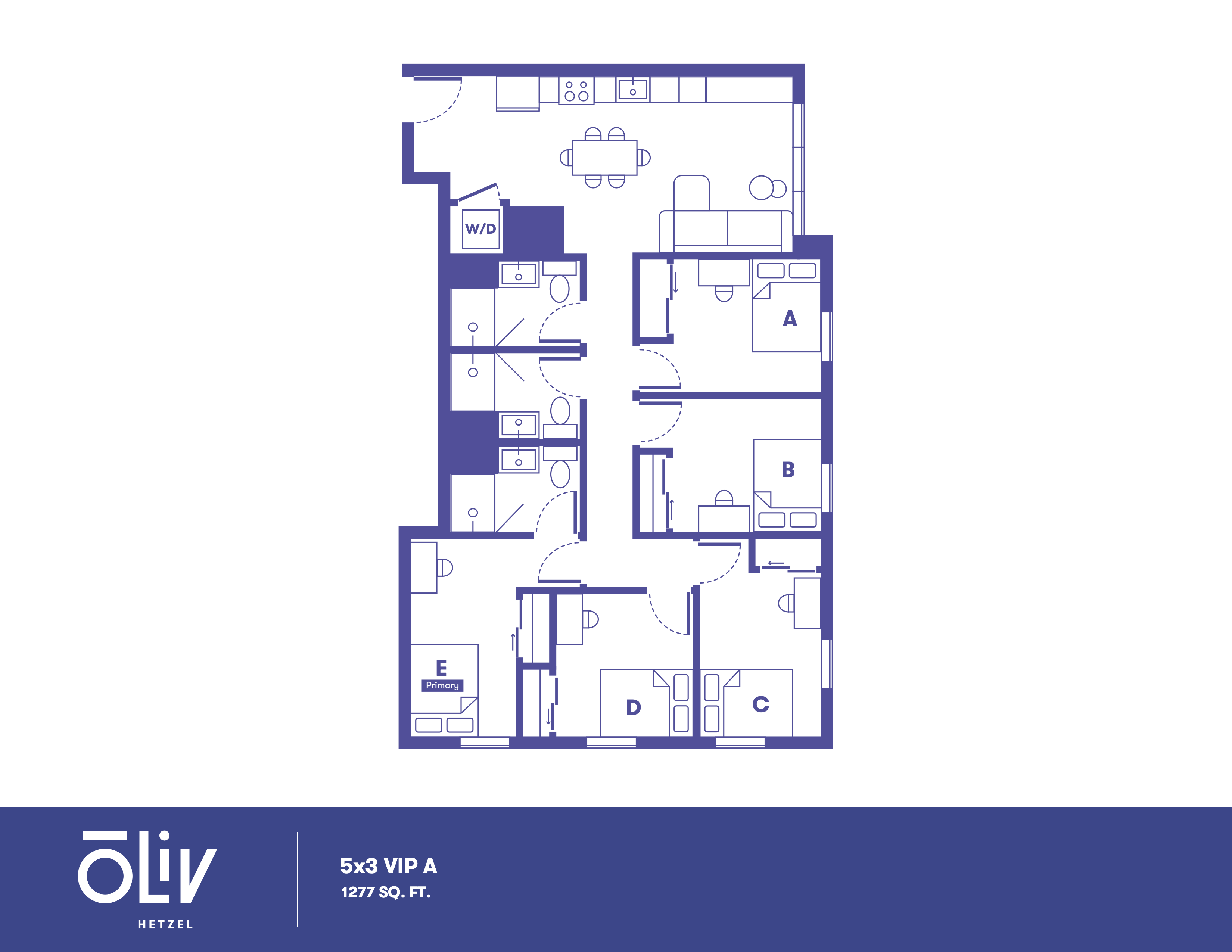 Modern 5-bedroom apartment floor plan with open-concept living area, spacious kitchen, and private primary suite, covering 1277 sq ft at Oliv Hetzel.