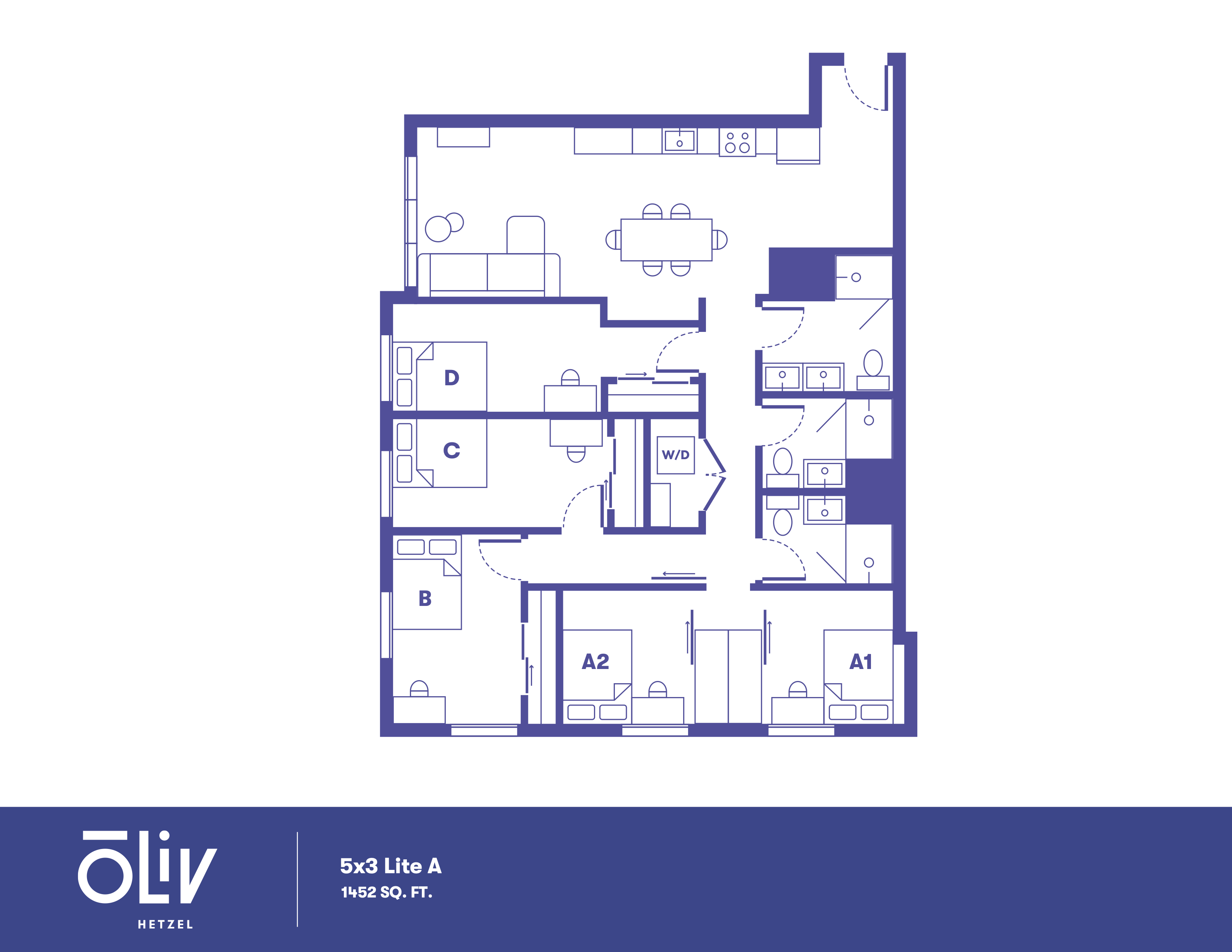 Modern 5-bedroom apartment floor plan with open-concept living area, spacious kitchen, and dual bathrooms, totaling 1452 sq ft.