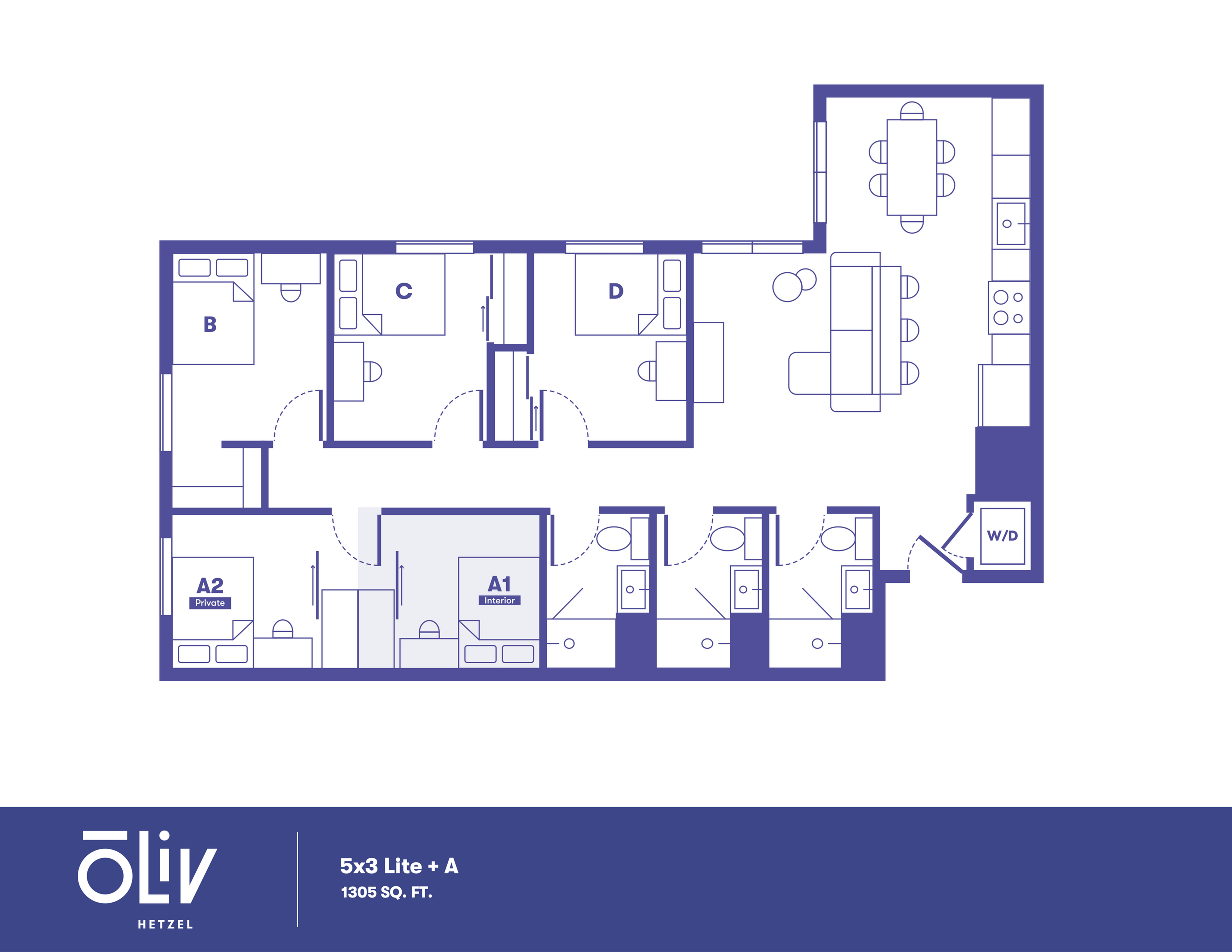 Modern 5x3 Lite + A floor plan featuring five bedrooms, spacious kitchen, and inviting living area, 1305 sq. ft.