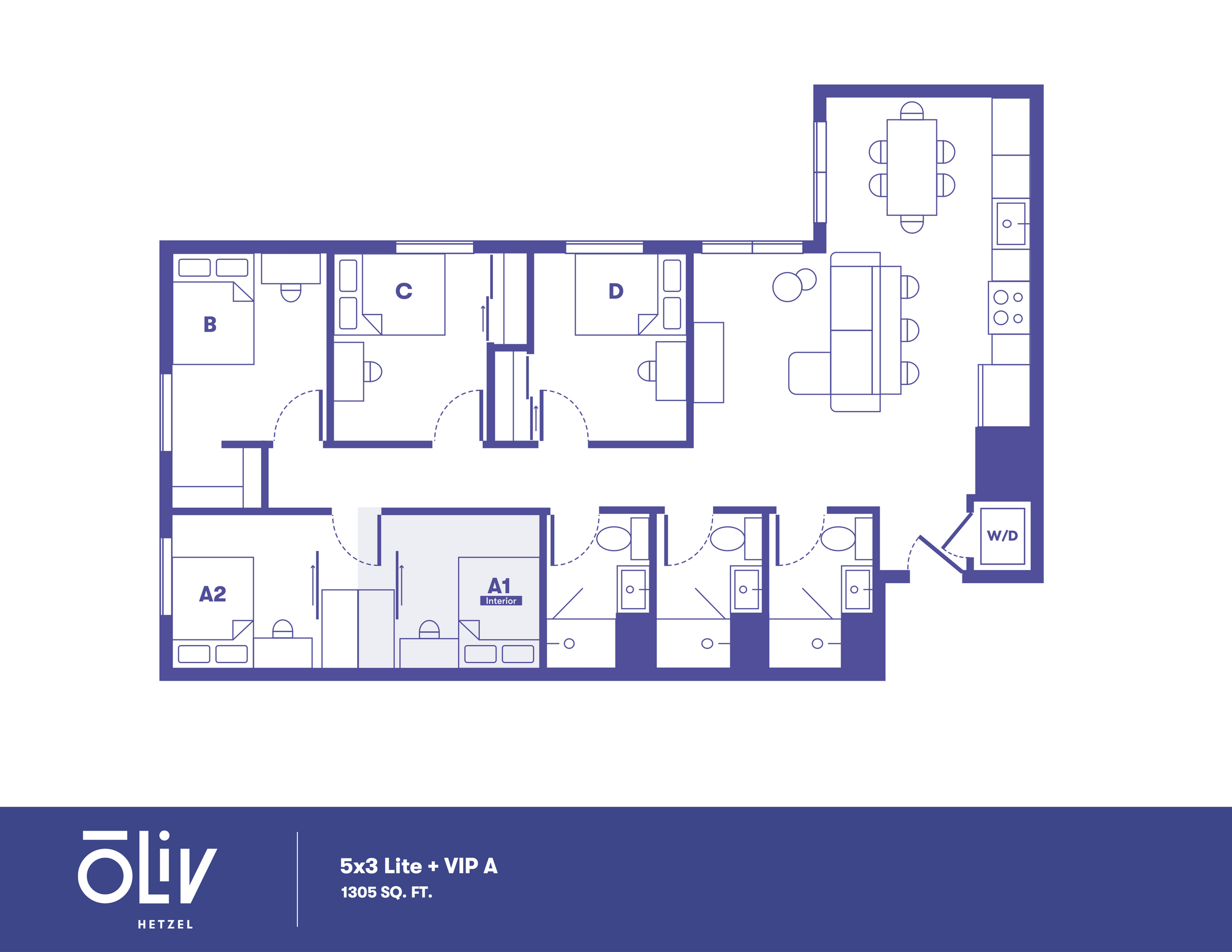 Modern 5-bedroom floor plan with spacious open-concept living and dining area, optimal layout in 1305 sq ft.