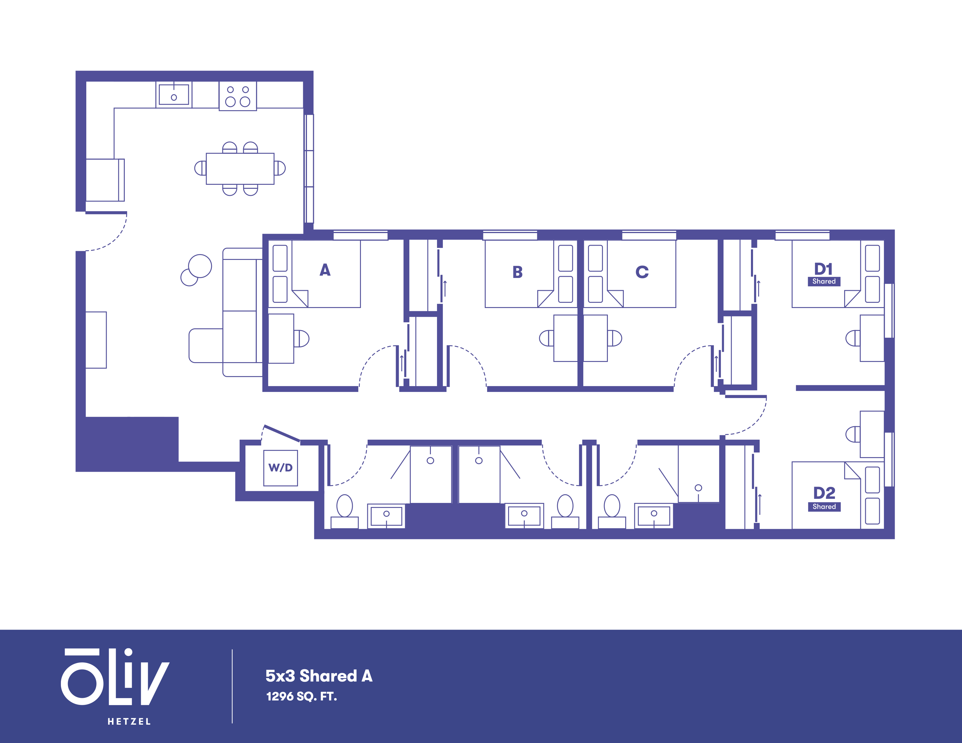 Inviting and spacious 5x3 shared floor plan with 5 bedrooms, generous living room, modern kitchen, and thoughtful layout spanning 1296 sq ft.