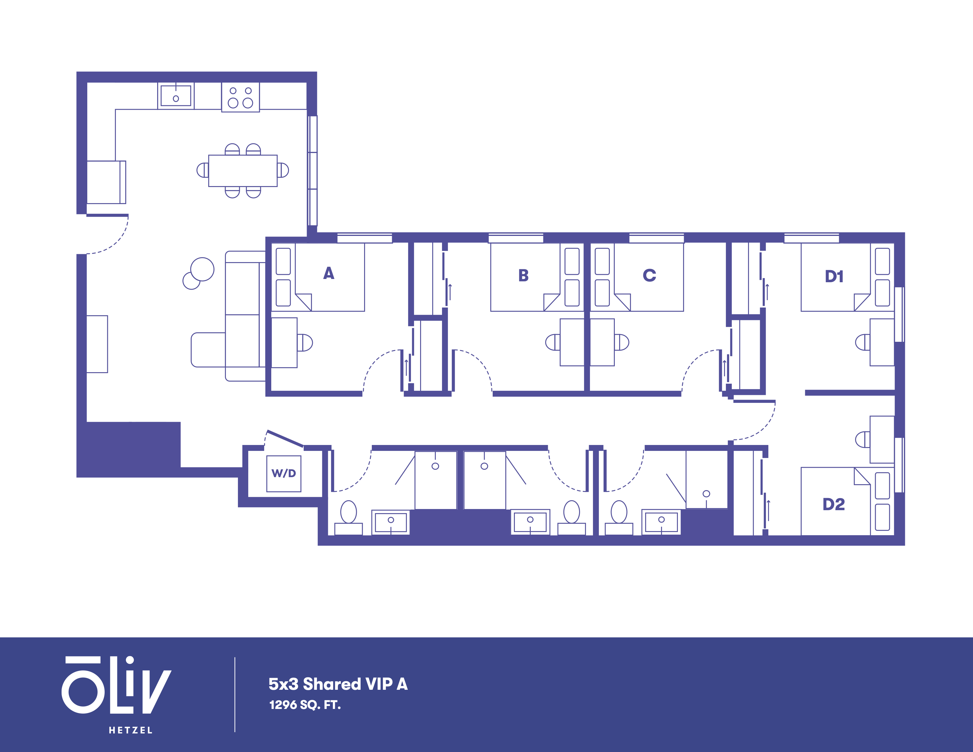 Elegant floor plan for a 5x3 Shared VIP unit at Oliv Hetzel, featuring three comfortable bedrooms, a spacious open-concept living and dining area, and modern kitchen facilities, encompassing 1296 sq. ft.