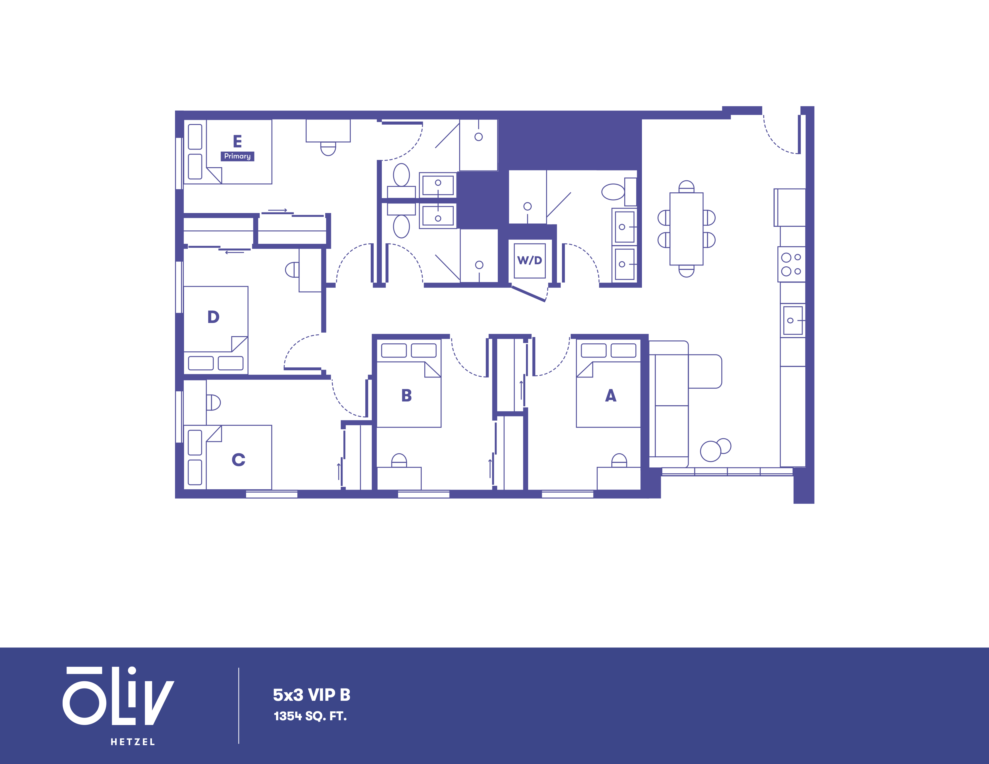 Expansive 5-bedroom floor plan with open living space, modern kitchen, and 3 bathrooms. Efficient layout ideal for spacious living at Oliv Hetzel, 1354 sq. ft.