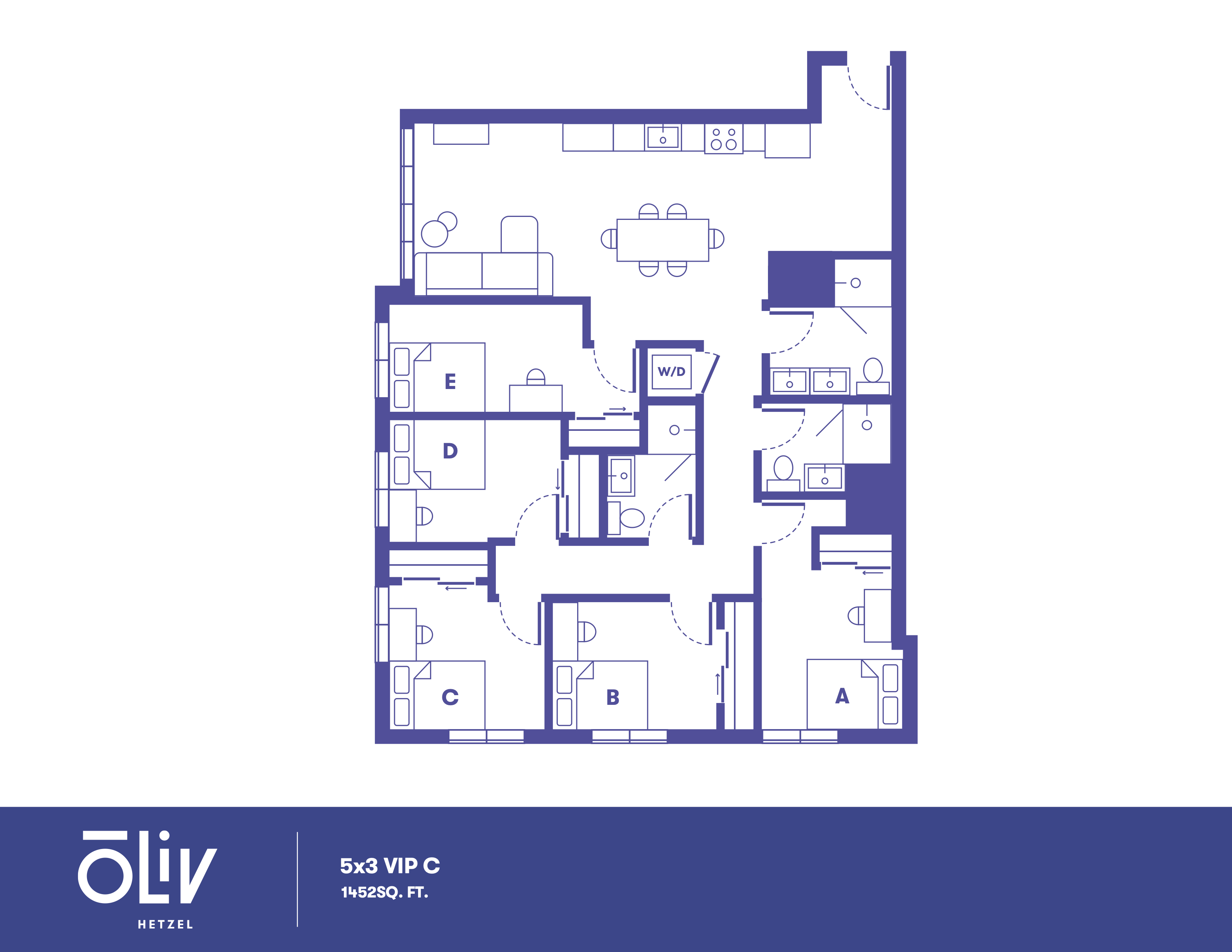 Chic 5-bedroom VIP floor plan featuring a modern open kitchen, spacious living area, and two stylish bathrooms, totaling 1452 sq. ft.