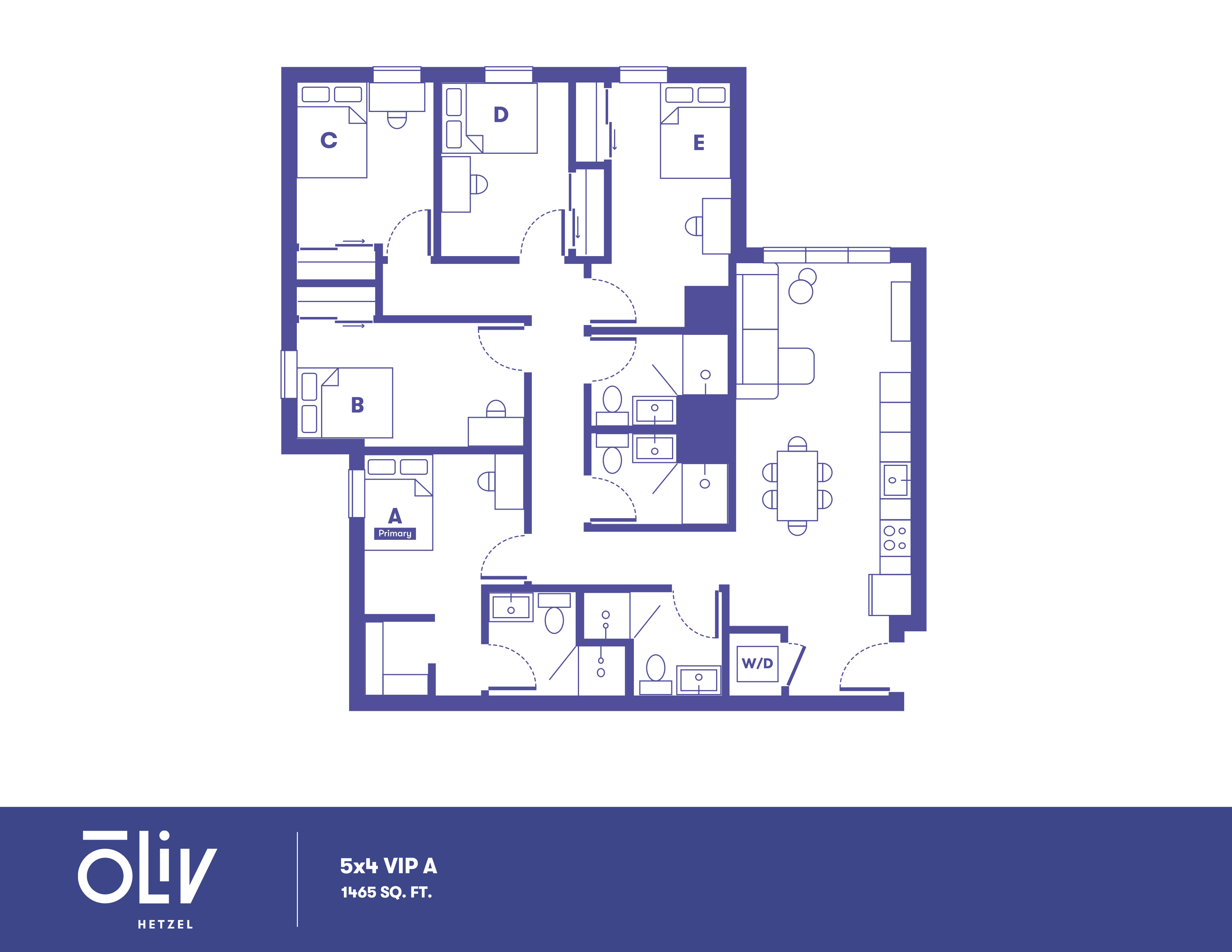 Expansive 5-bedroom VIP apartment floor plan with open-concept kitchen and living area, 1465 sq ft, ideal for modern living.