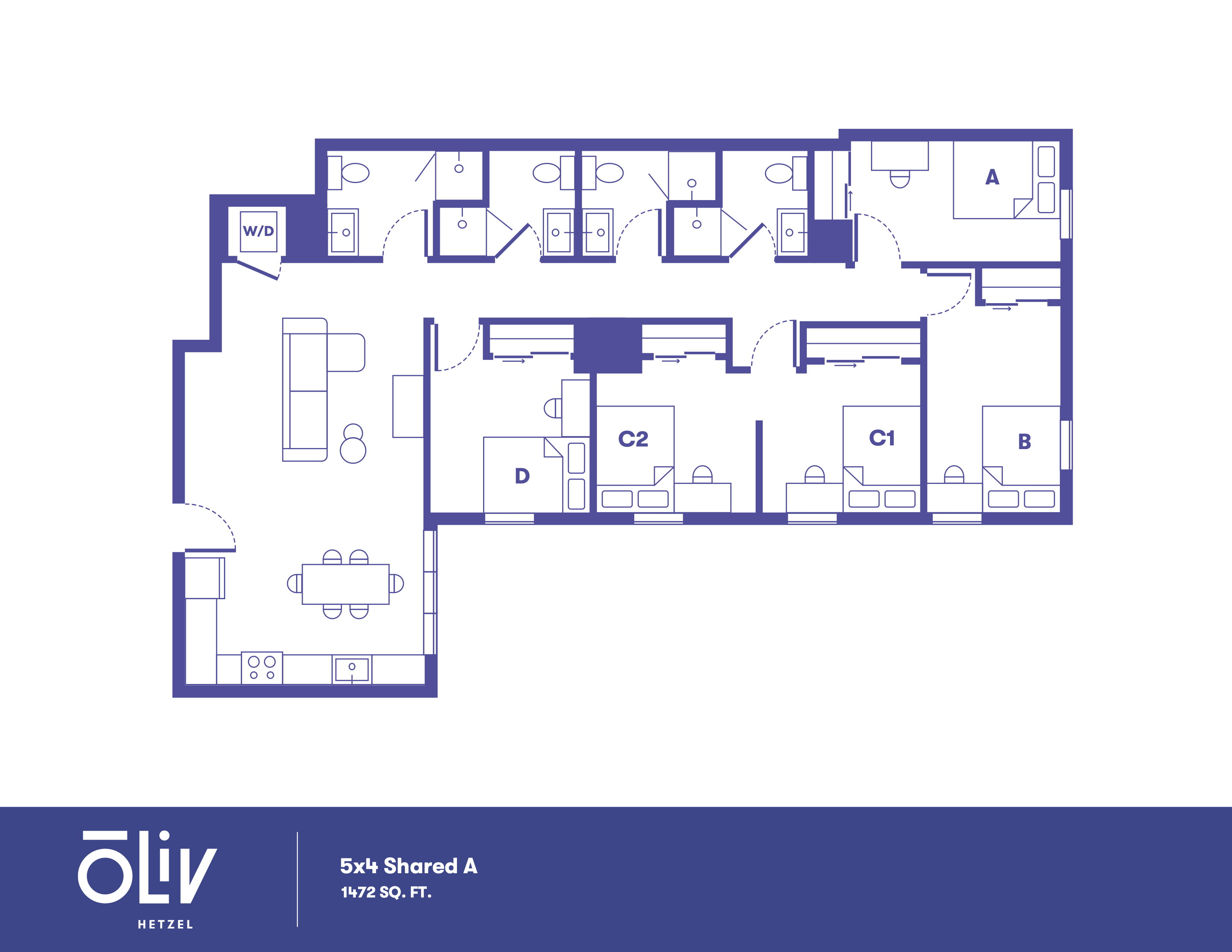 Modern 5x4 shared floor plan featuring 5 bedrooms, spacious living area, and well-equipped kitchen. Total area of 1472 sq. ft.