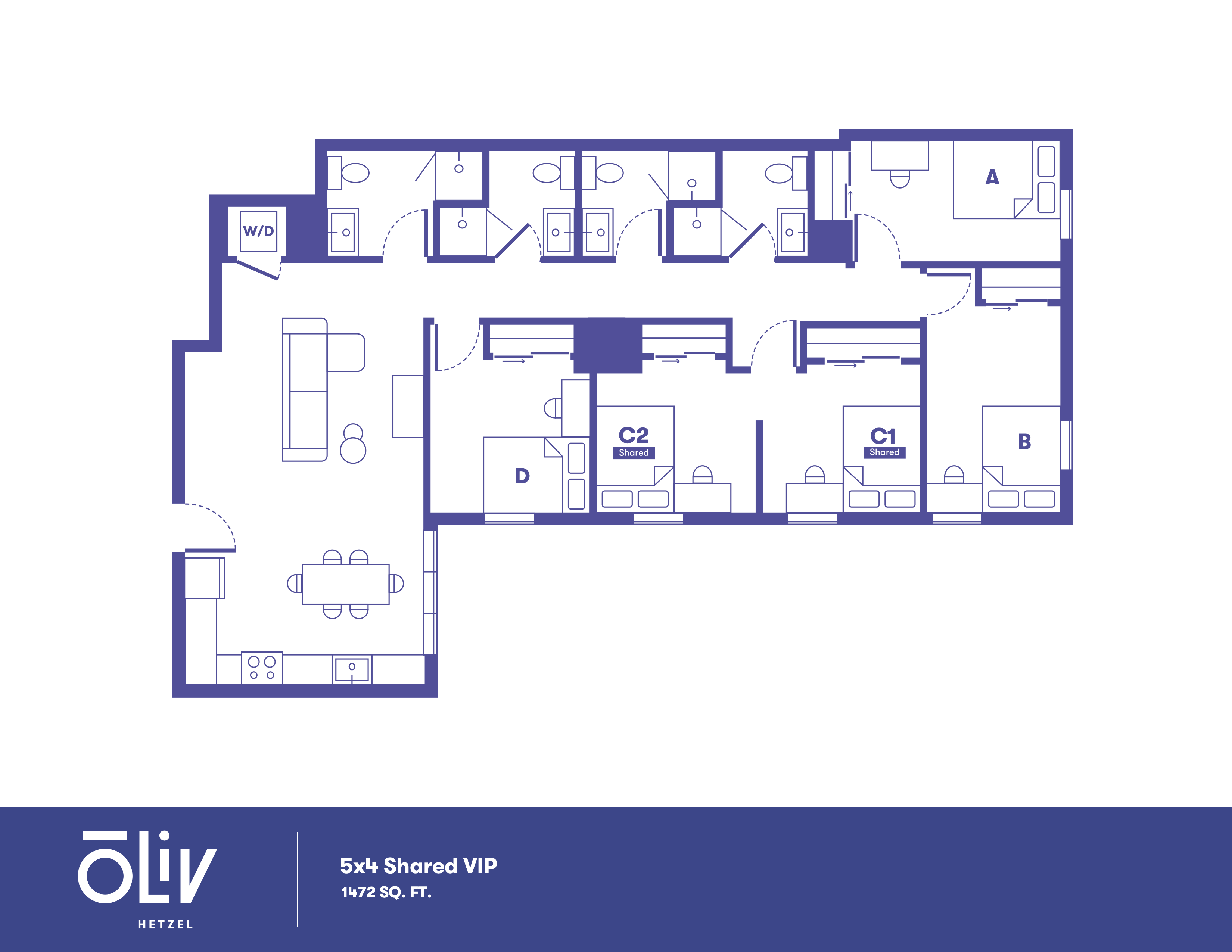 Modern 5x4 Shared VIP floor plan with spacious living area, well-designed kitchen, four shared bedrooms, and ample storage in 1472 sq ft.