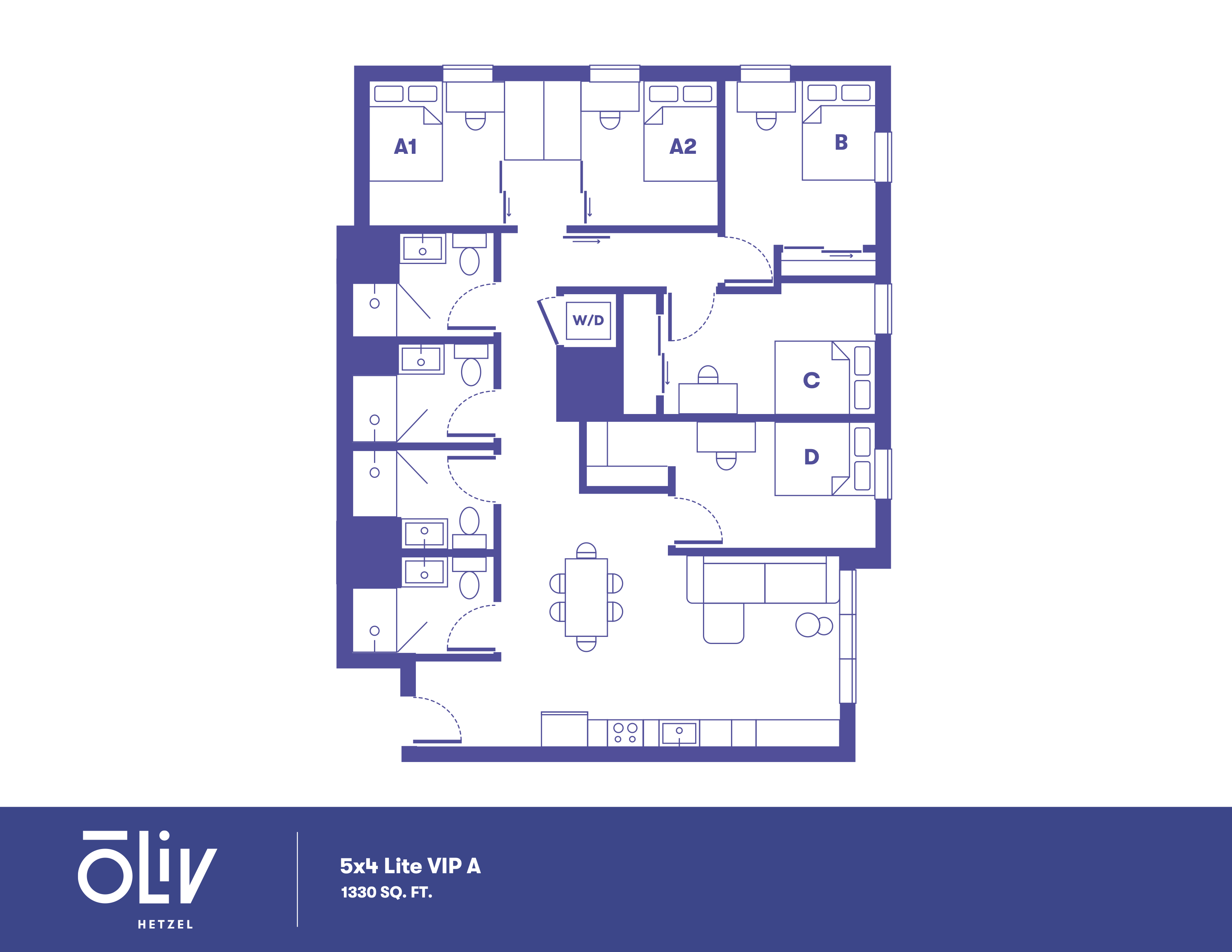 Elegant floor plan for 5x4 Lite VIP A featuring four bedrooms, a modern kitchen, spacious living area, and in-unit laundry, covering 1330 sq. ft.