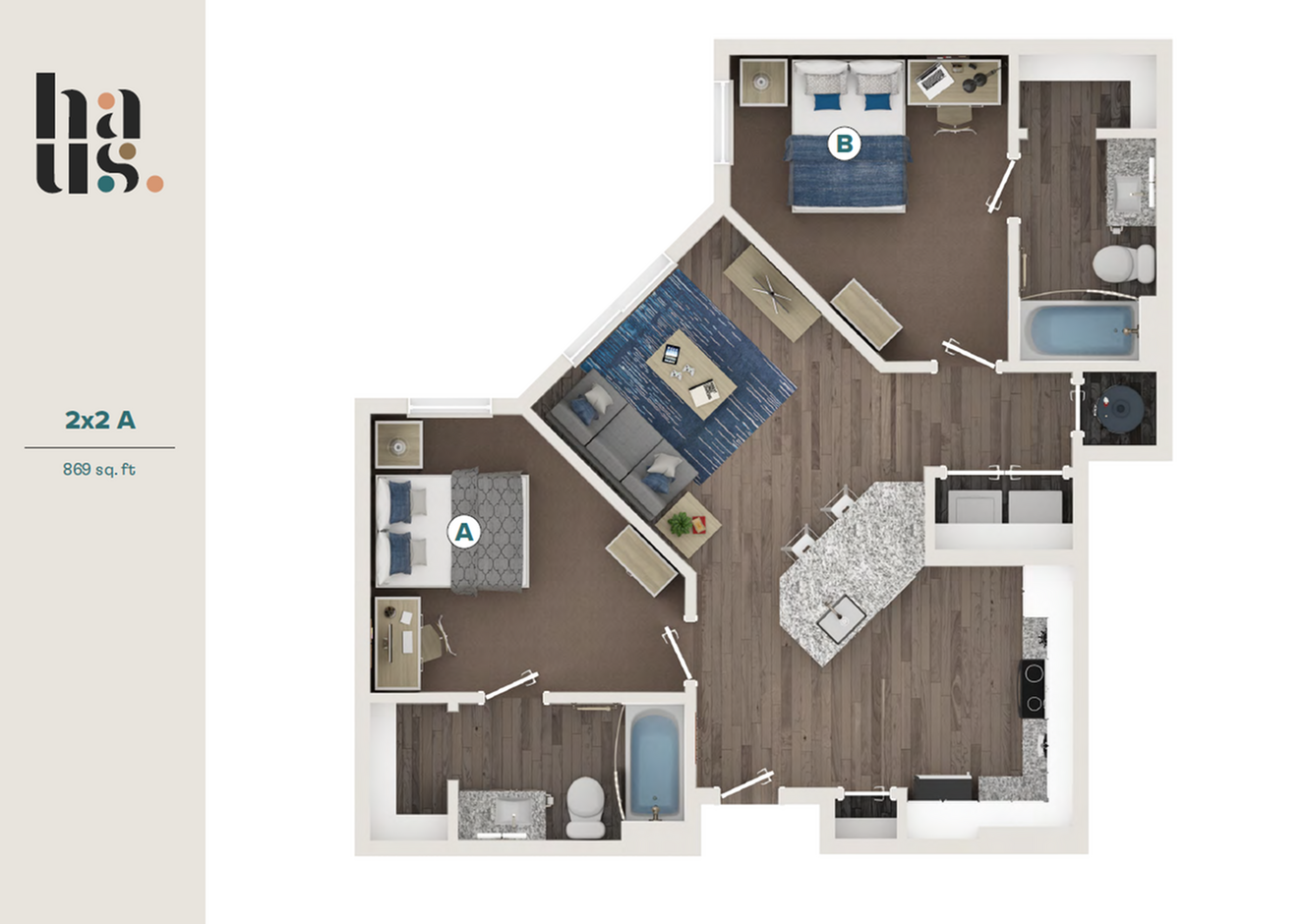 Modern 2D floor plan of a chic 2-bedroom apartment with open-concept living space, elegant kitchen island, and two stylish bathrooms, 869 sq ft.