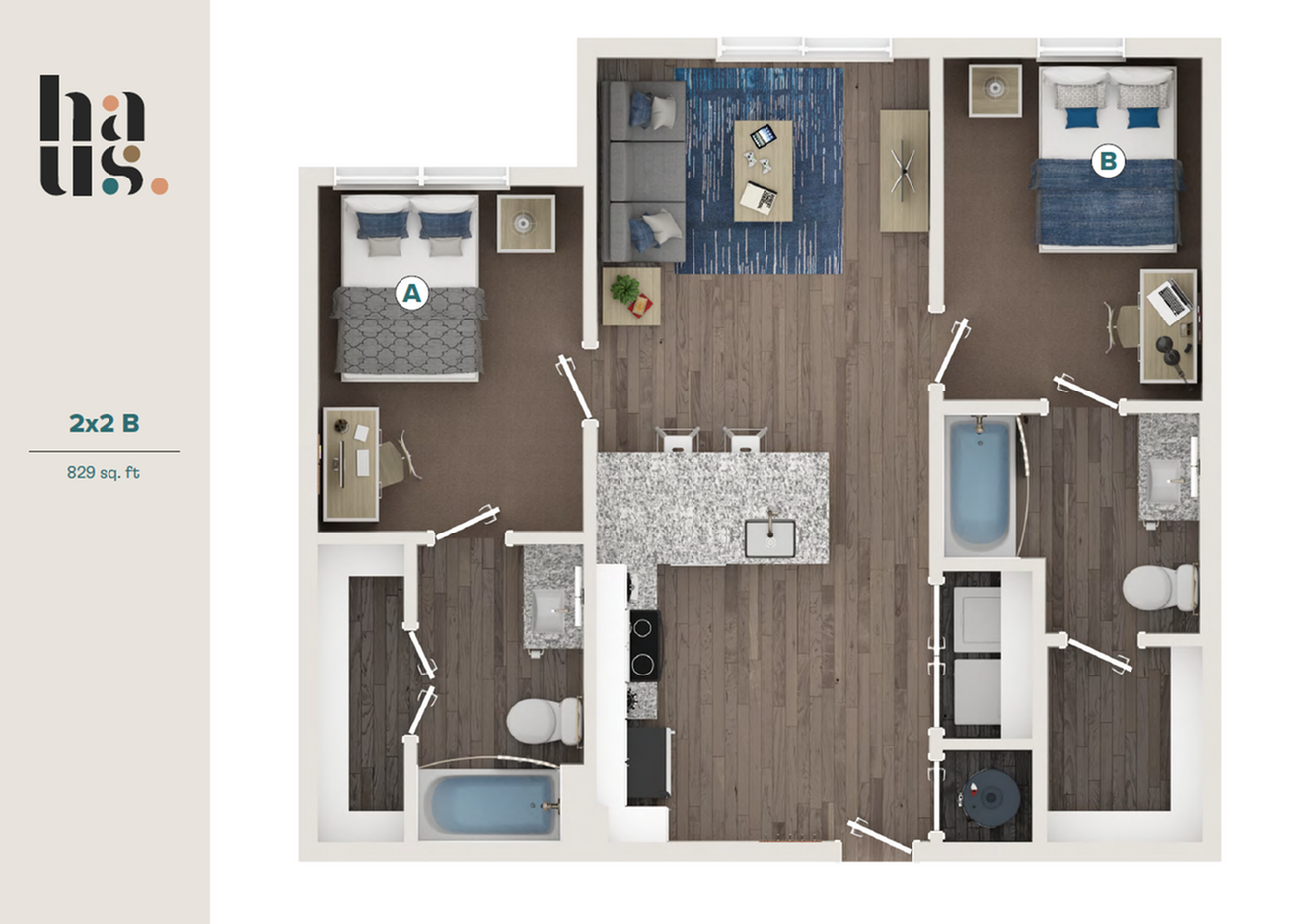 Modern 2D floor plan for a 2-bedroom, 2-bathroom apartment with spacious living area, elegant kitchen, and stylish interior design, totaling 829 sq ft.