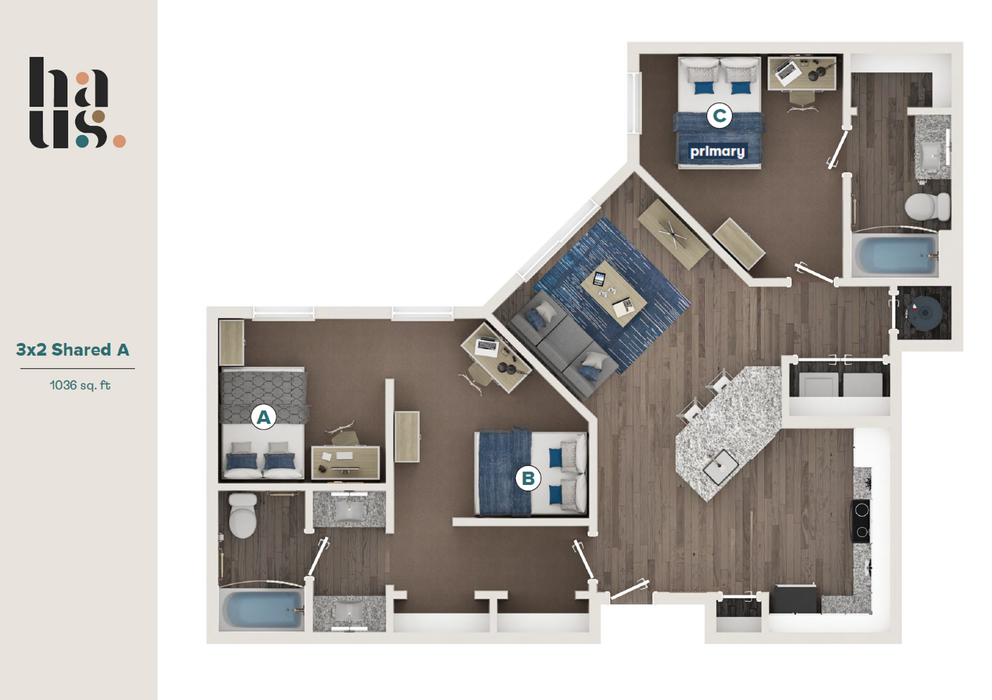 Modern 3-bedroom floor plan with open living space, sleek kitchen, and two bathrooms in 1036 sq. ft.