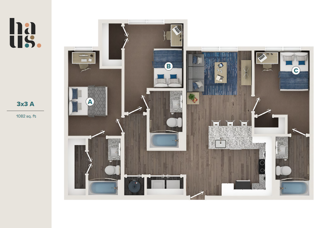 Modern 3-bedroom apartment floor plan with stylish open-concept kitchen and living area, featuring dual bathrooms and elegant finishes, 1082 sq. ft.