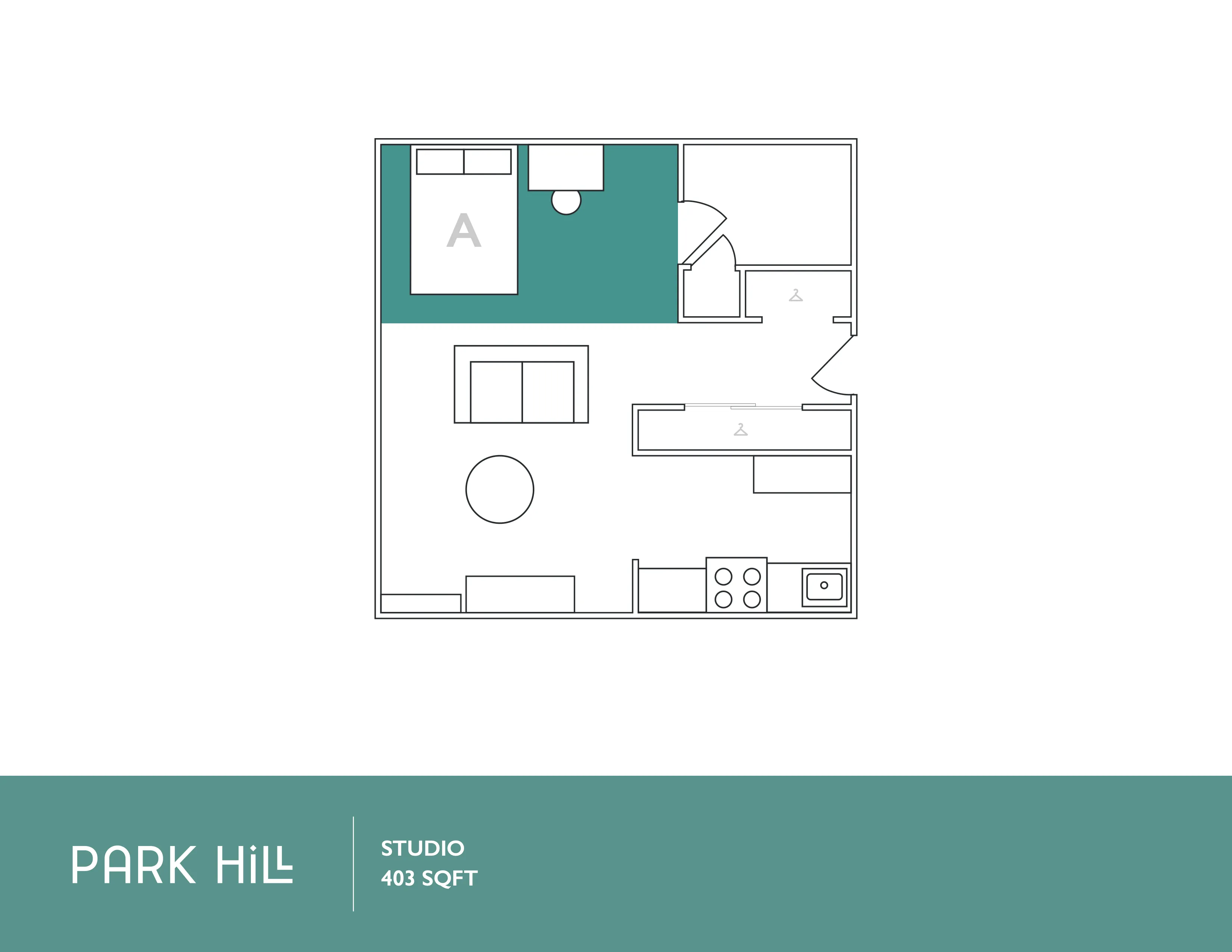 Modern studio apartment floor plan at Park Hill featuring a sleek open layout and efficient use of 403 sq ft.