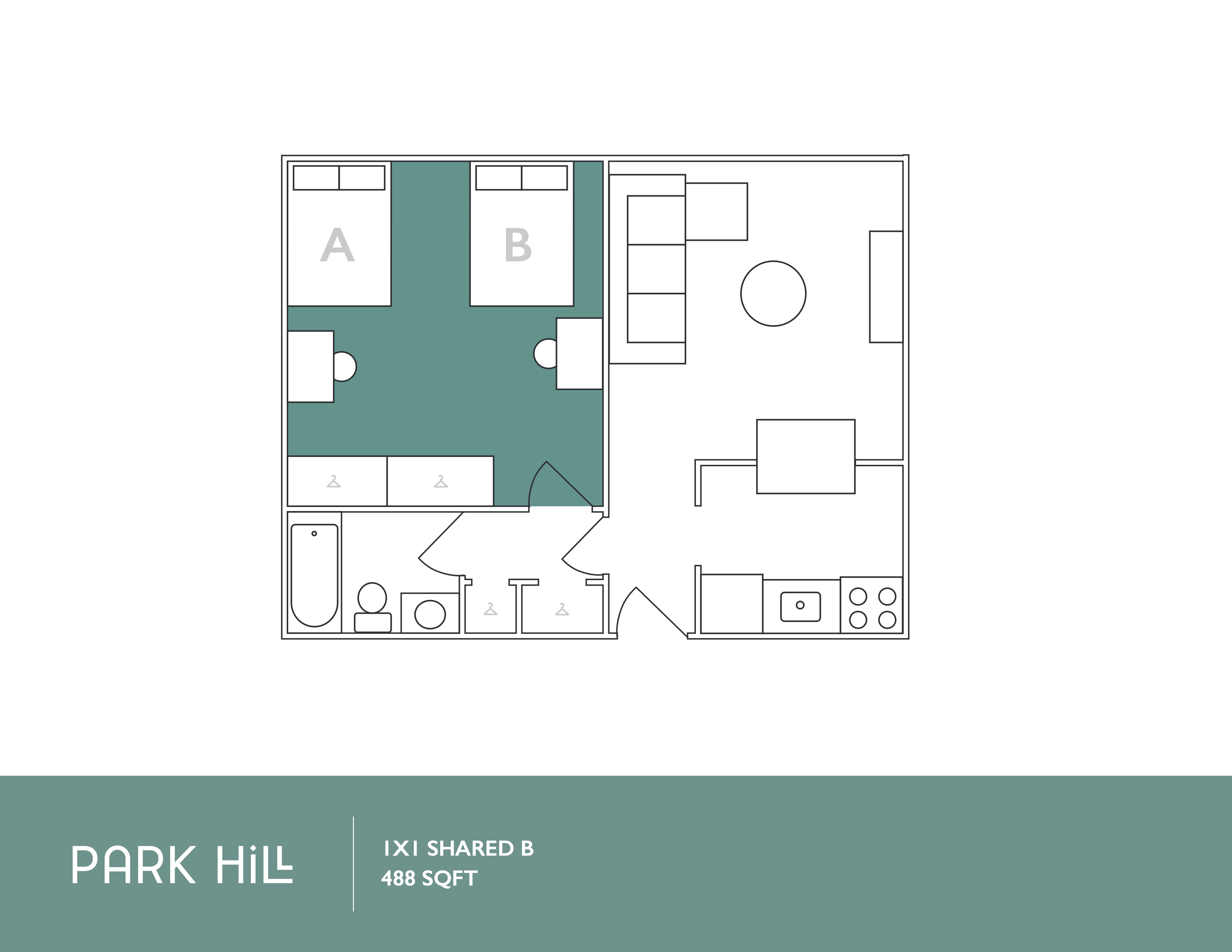 Efficient 2D floor plan of Park Hill featuring a shared 1 bedroom, cozy living area, and modern kitchen with 488 sq ft of space.