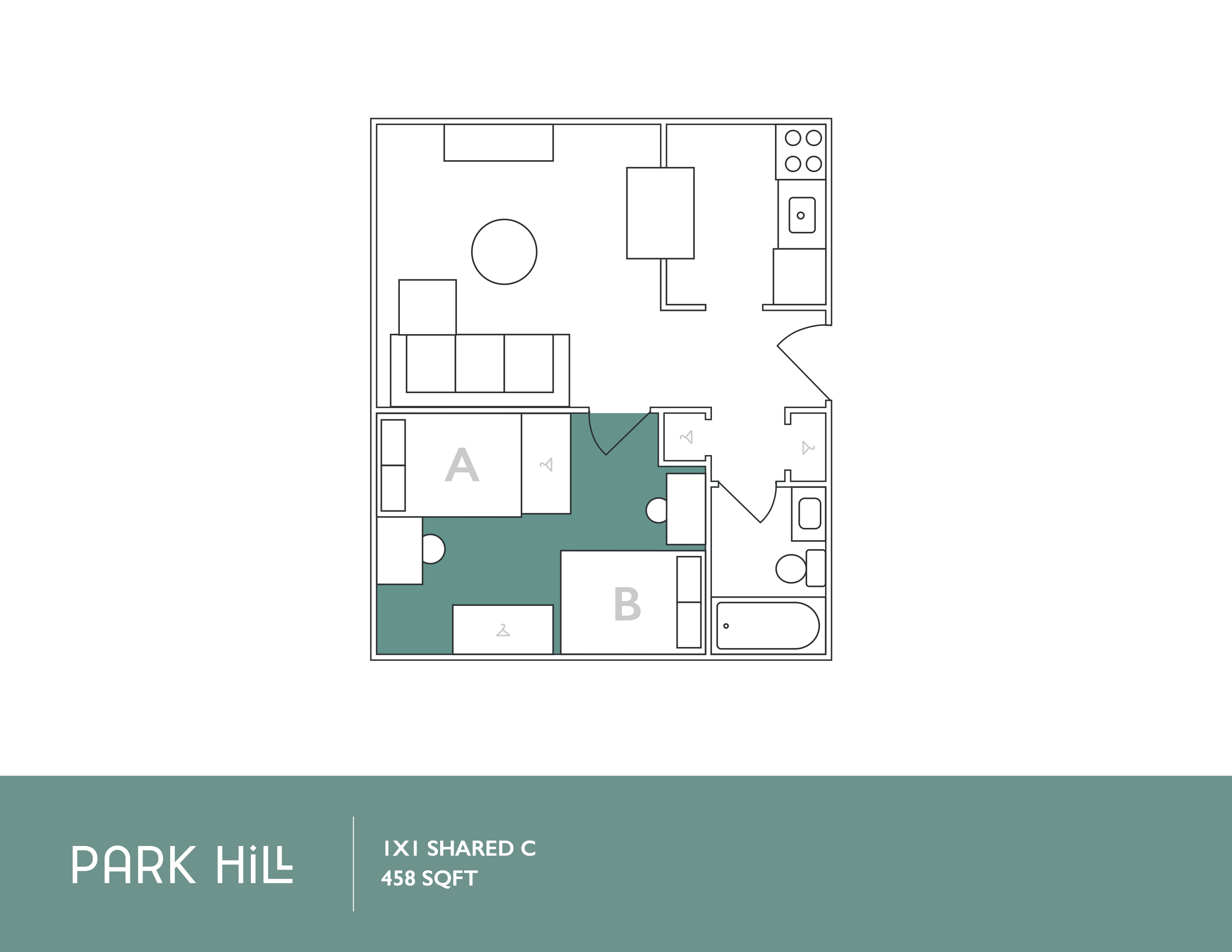 Modern Park Hill floor plan showcasing a shared 1-bedroom layout with cozy living space, functional kitchen, and compact bathroom, totaling 458 sq ft.