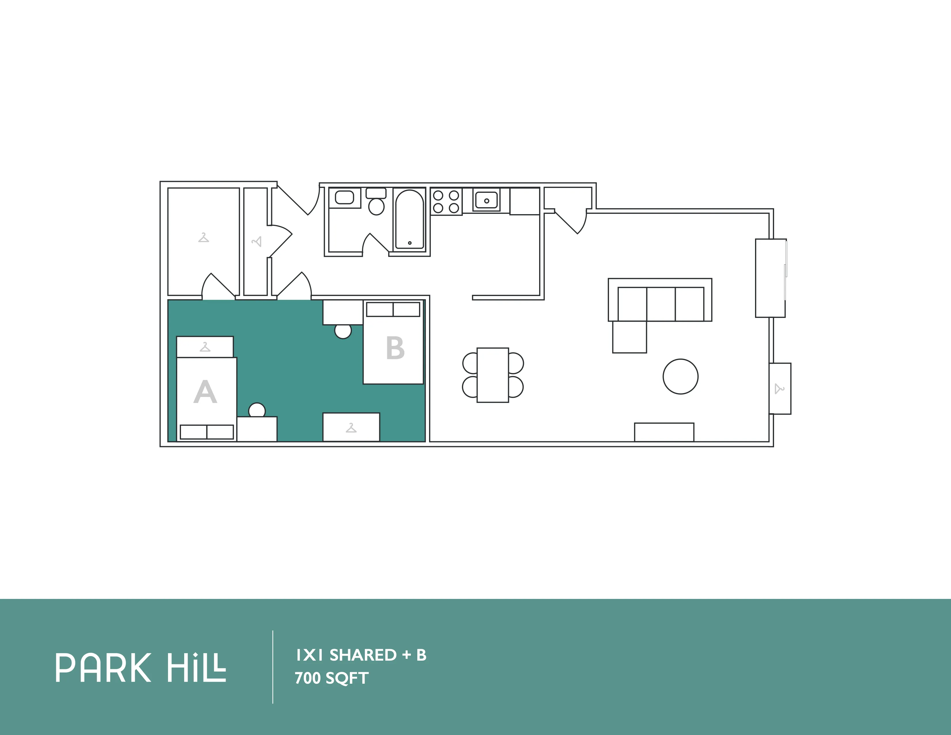 Modern floor plan depicting a Park Hill 1X1 shared apartment, including a comfortable bedroom, a well-equipped kitchen, and a cozy living area, spanning 700 sq ft.