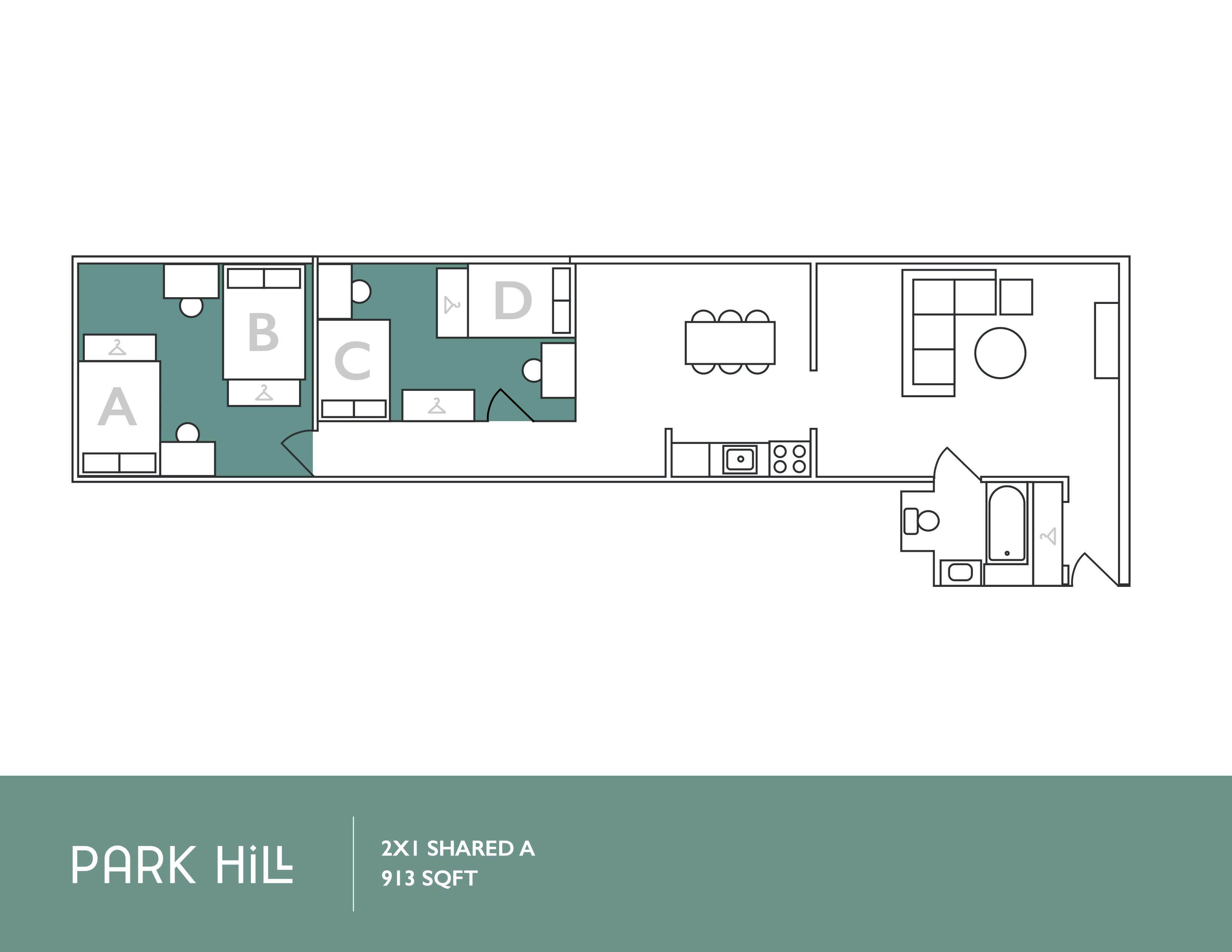 Park Hill 2X1 floor plan featuring two spacious bedrooms, modern kitchen, and open-concept living area, total 913 sq ft.