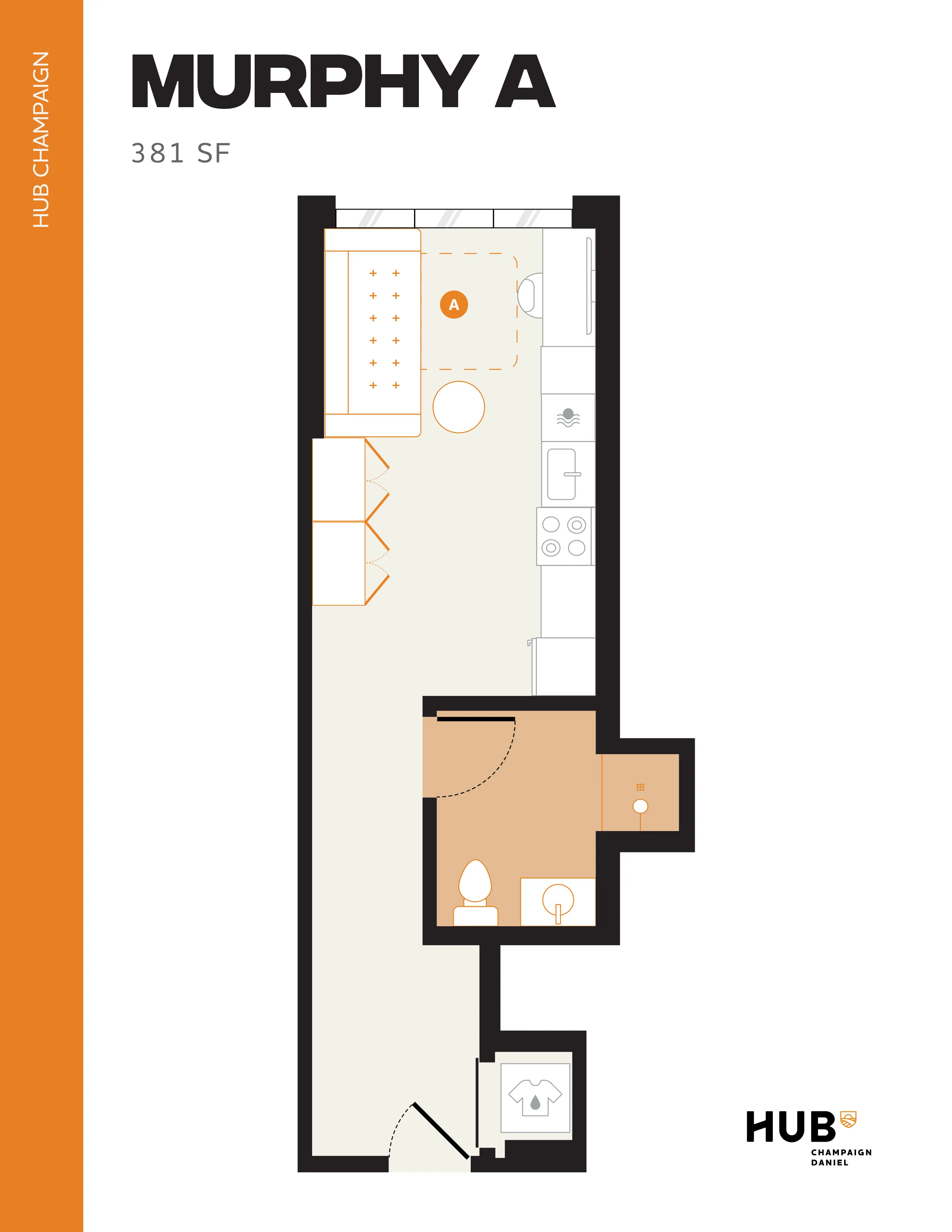 Sleek studio apartment floor plan, Murphy A, featuring a cozy living area, modern kitchen, and compact bathroom, 381 sq ft at HUB Champaign.