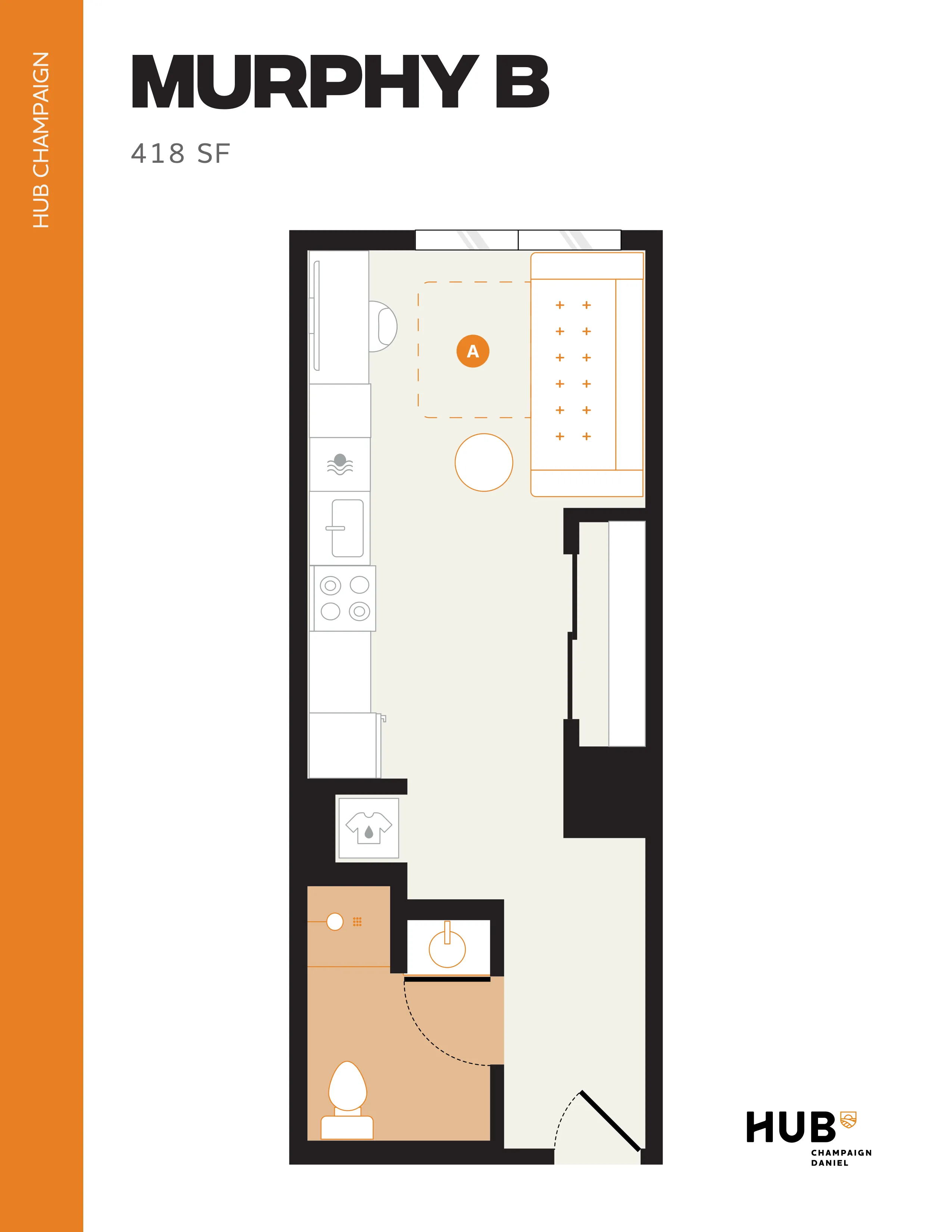 Murphy B floor plan showcasing a sleek studio layout with integrated kitchen, cozy living space, and compact bathroom, 418 sq ft at HUB Champaign.