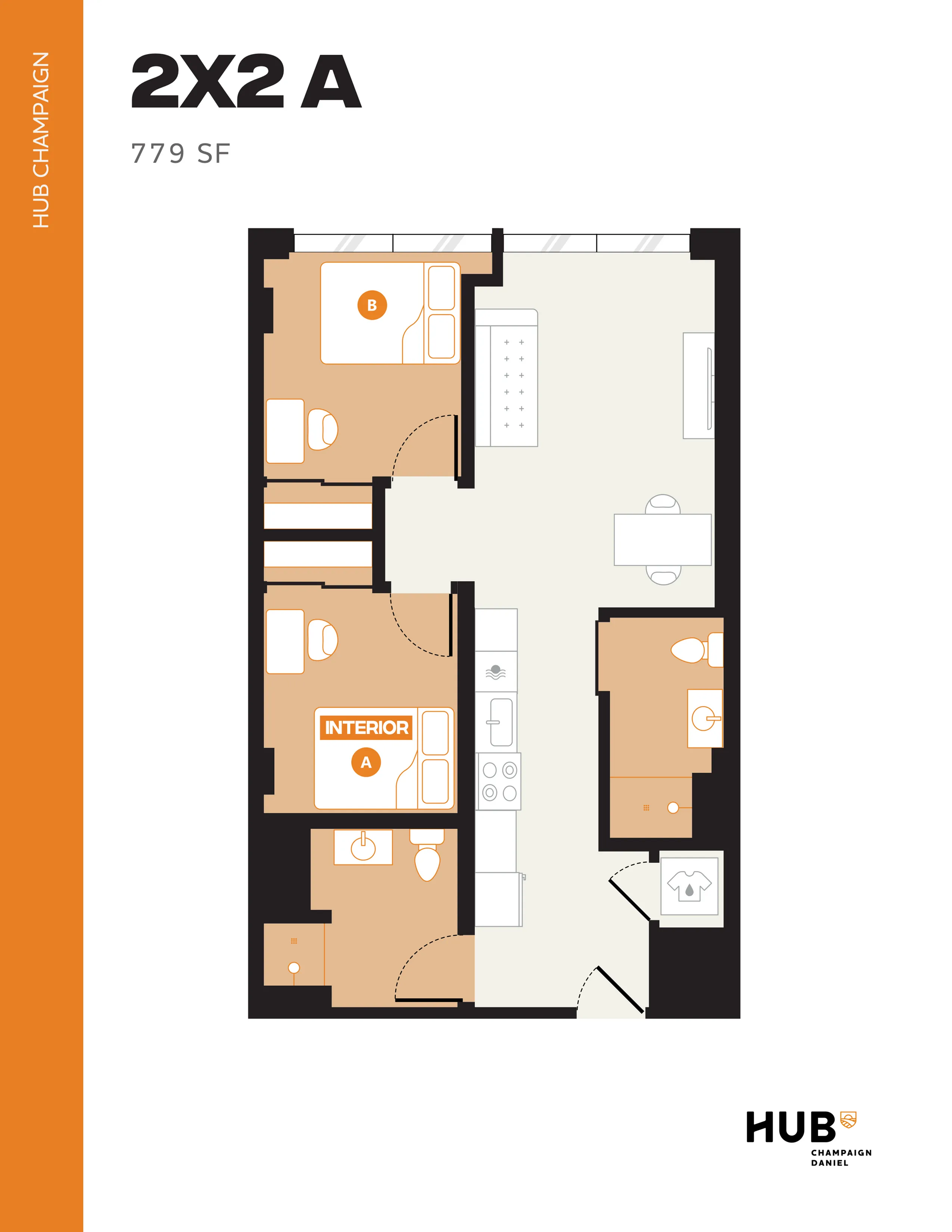 Modern 2D floor plan of Hub Champaign 2X2 A, featuring two spacious bedrooms, a sleek kitchen, open living area, and 779 sf of comfortable living space.