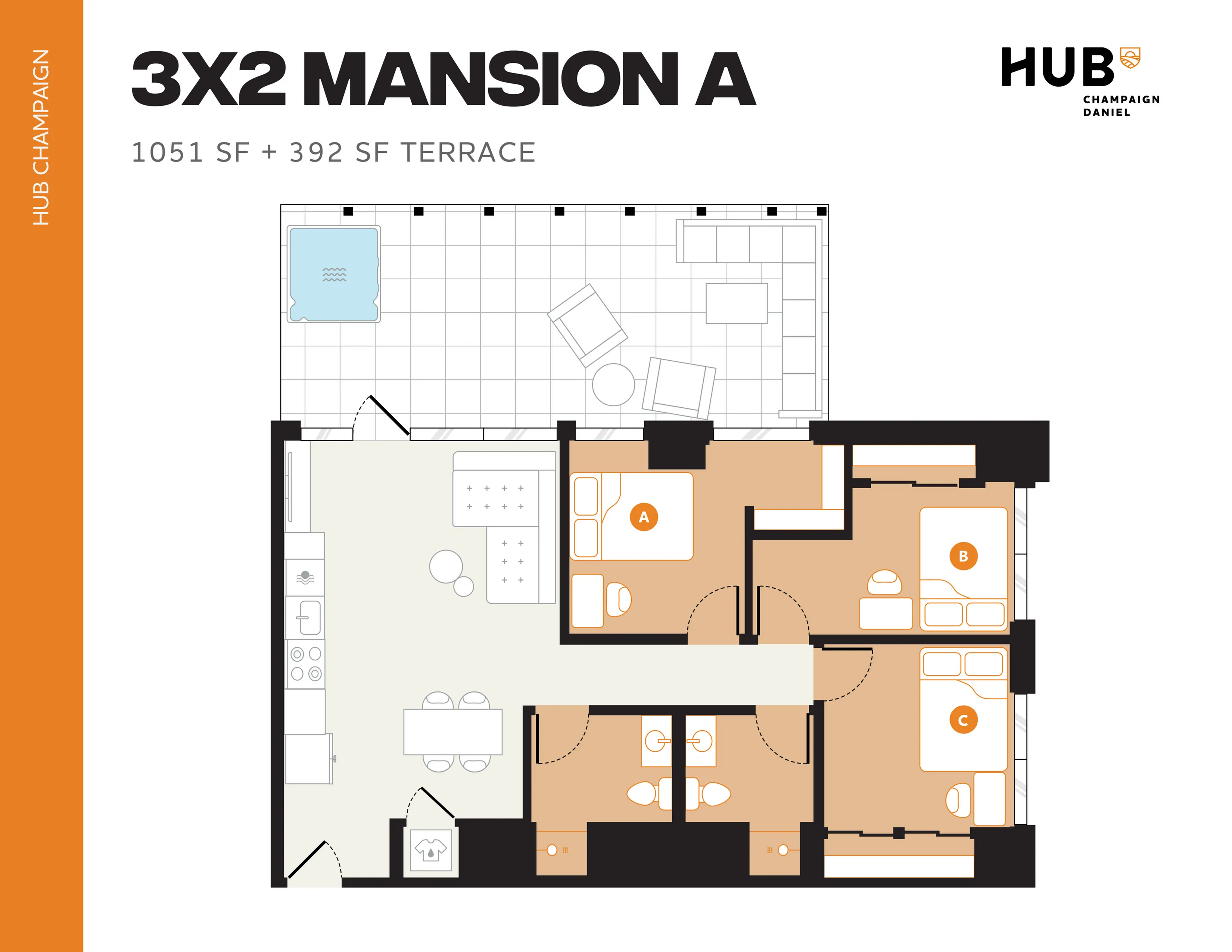 Modern 3X2 Mansion A floor plan featuring three cozy bedrooms, an open kitchen and living area, and a spacious terrace with a hot tub, totaling 1051 SF plus 392 SF terrace at HUB Champaign.