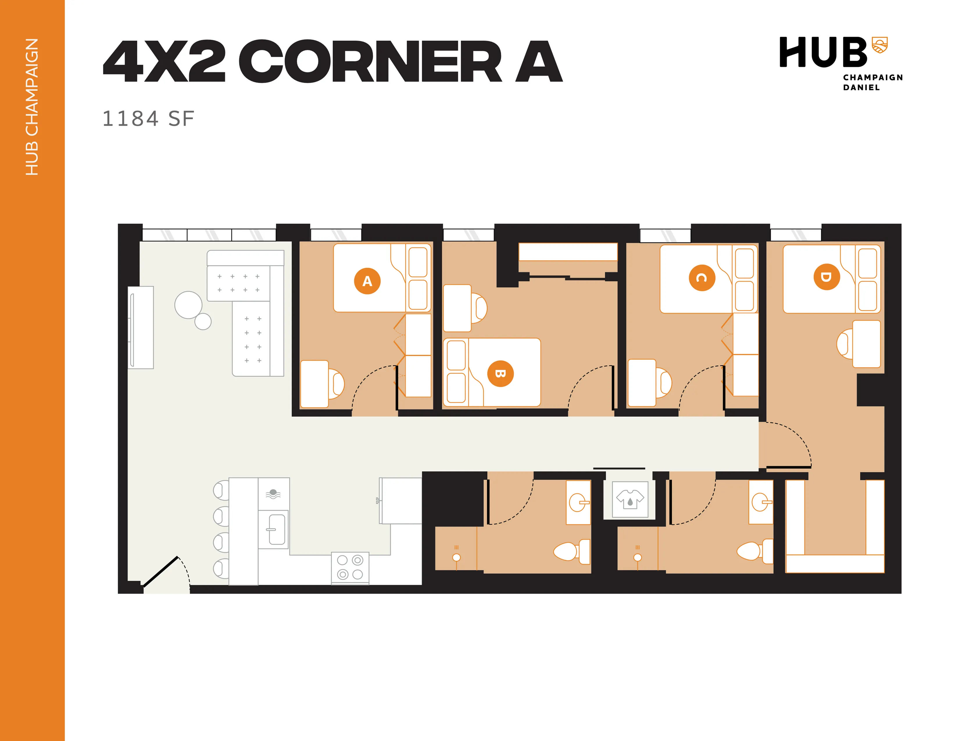 Modern 4-bedroom, 2-bathroom floor plan at HUB Champaign with spacious living area and integrated kitchen, totaling 1184 square feet.