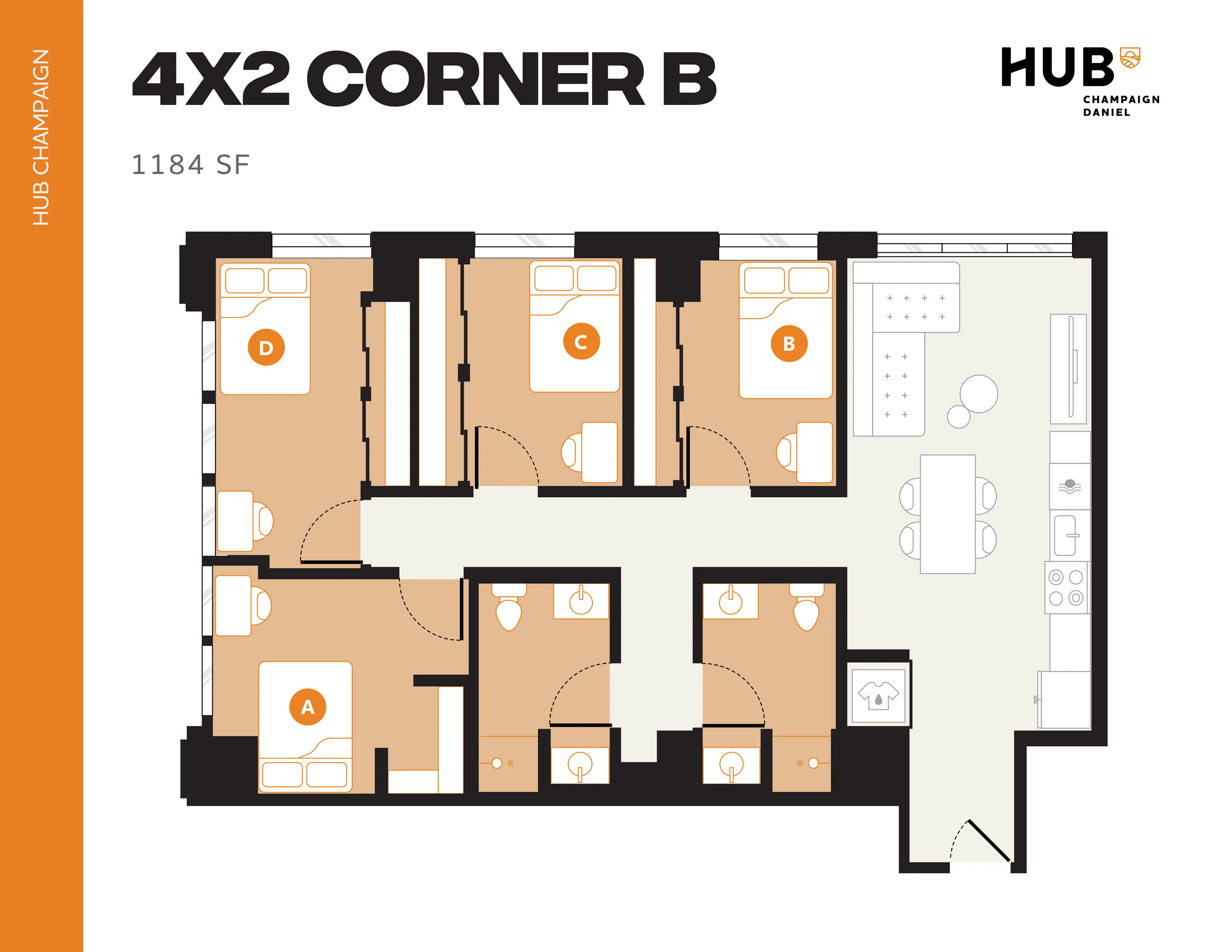 Modern 4-bedroom floor plan, 1184 sq ft, featuring spacious kitchen, dining area, and cozy living spaces in Champaign.