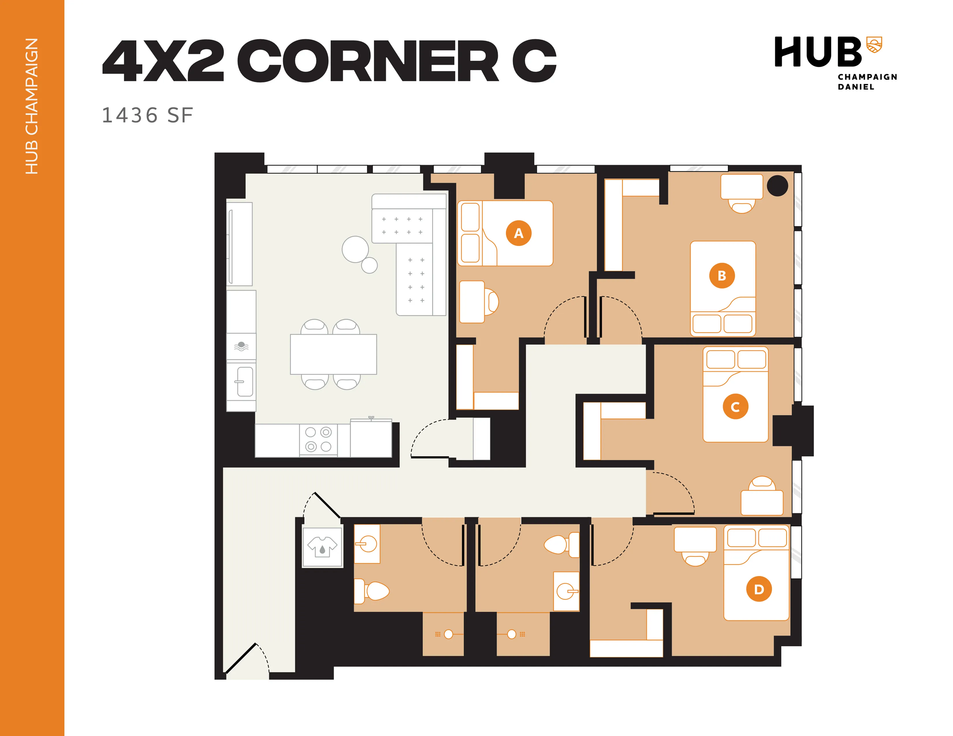 Modern 4x2 corner floor plan offering 4 spacious bedrooms, a sleek kitchen, and an inviting living space at HUB Champaign, 1436 sq ft.