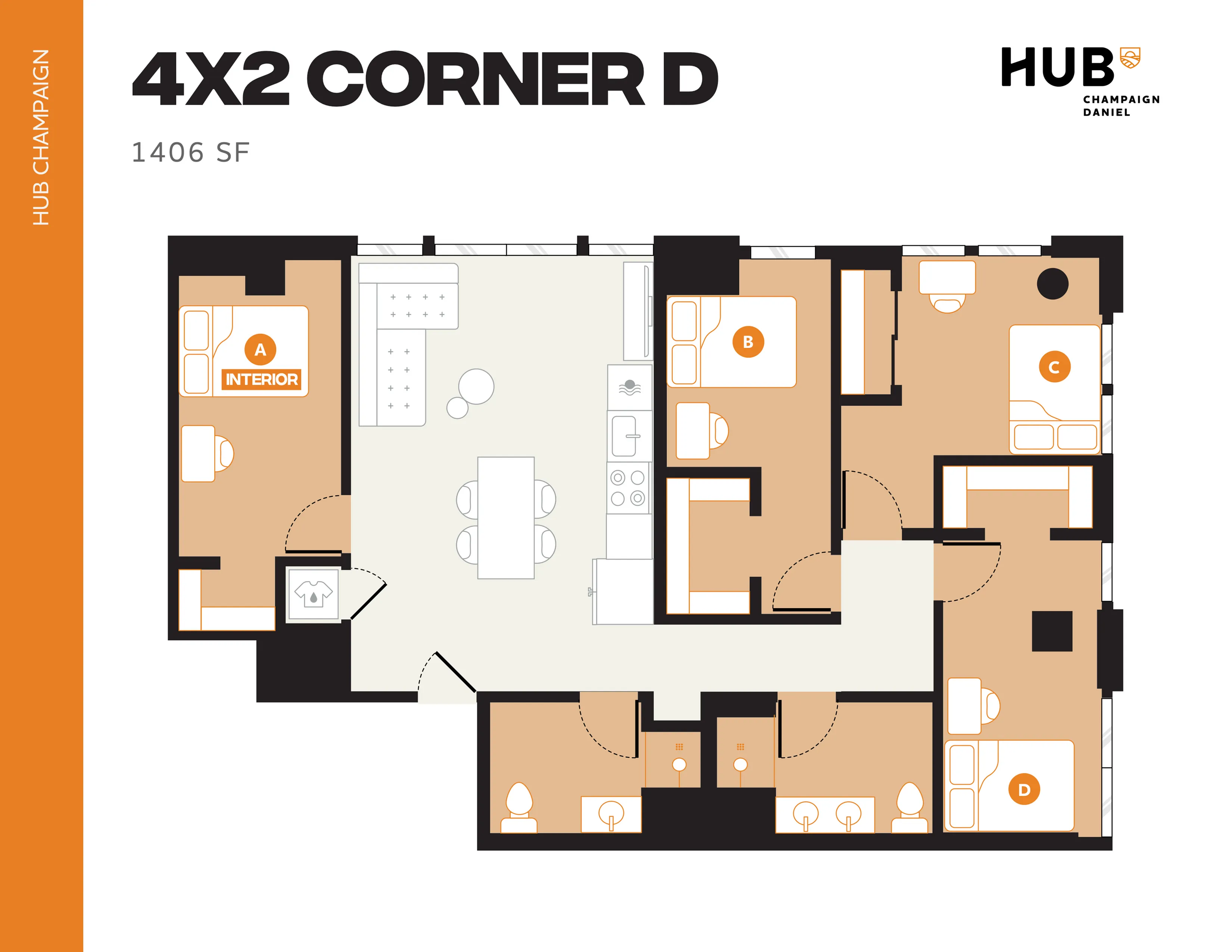 Modern 4-bedroom corner floor plan at Hub Champaign, featuring open living area and spacious kitchen, 1406 sq ft.