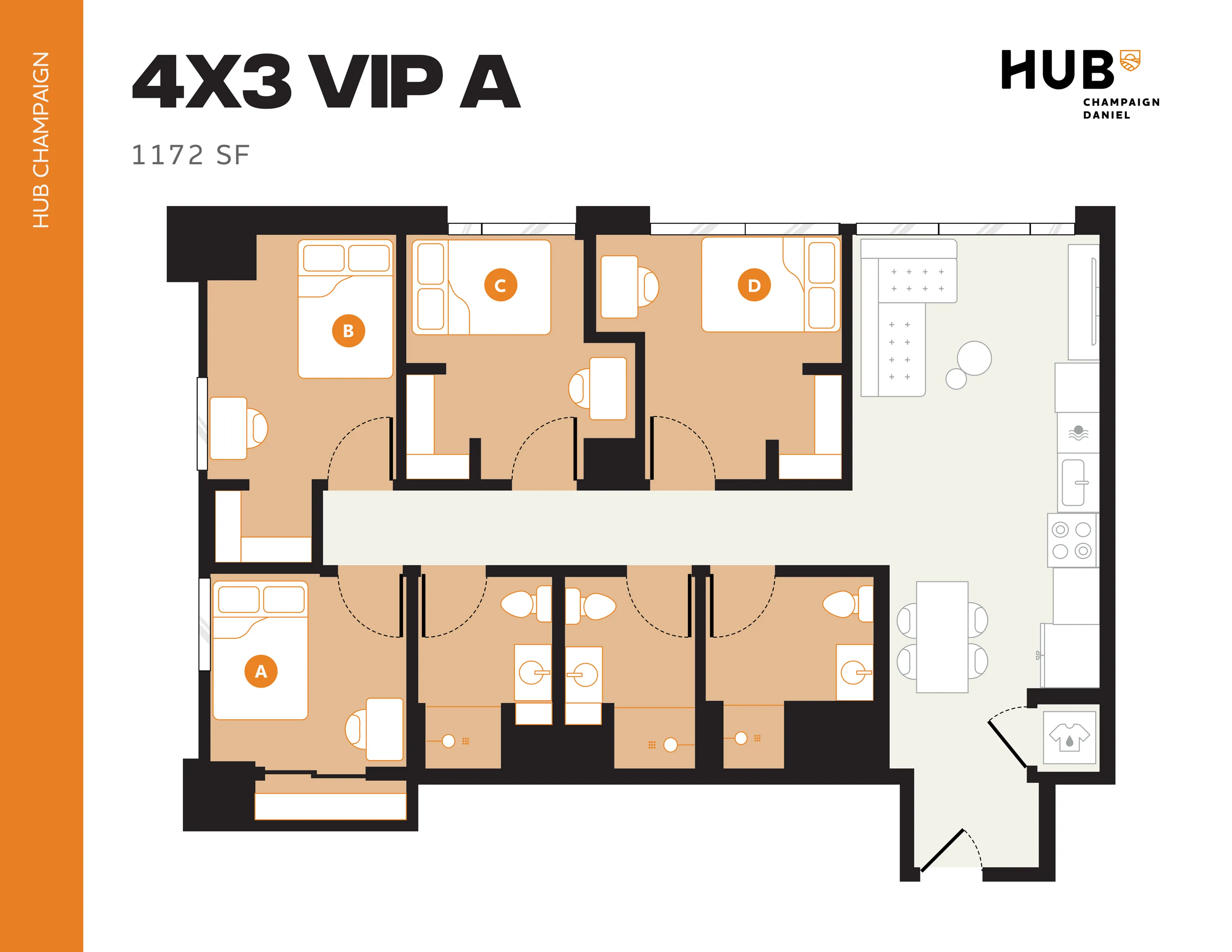Modern 4X3 VIP A floor plan with four bedrooms, three bathrooms, and a spacious kitchen in 1172 sq ft layout.